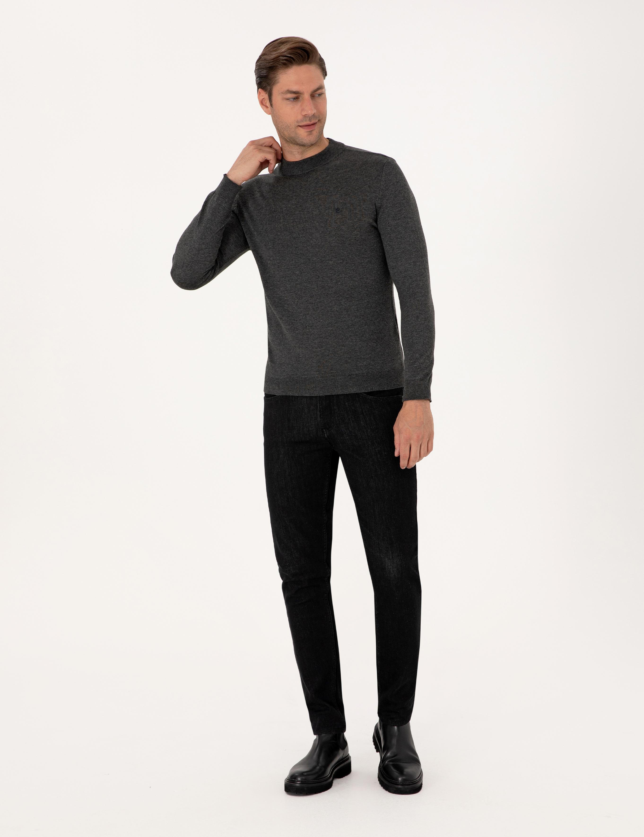 Antrasit Melanj  Slim Fit Çeyrek Yaka Basic Triko Kazak