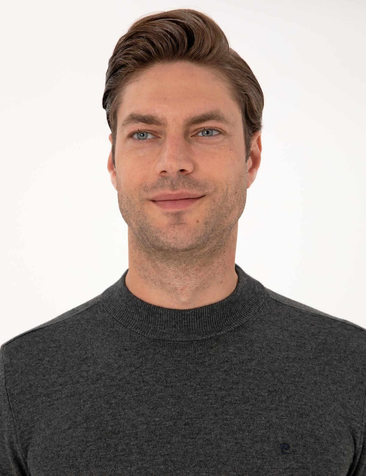 Antrasit Melanj  Slim Fit Çeyrek Yaka Basic Triko Kazak - 50314188001