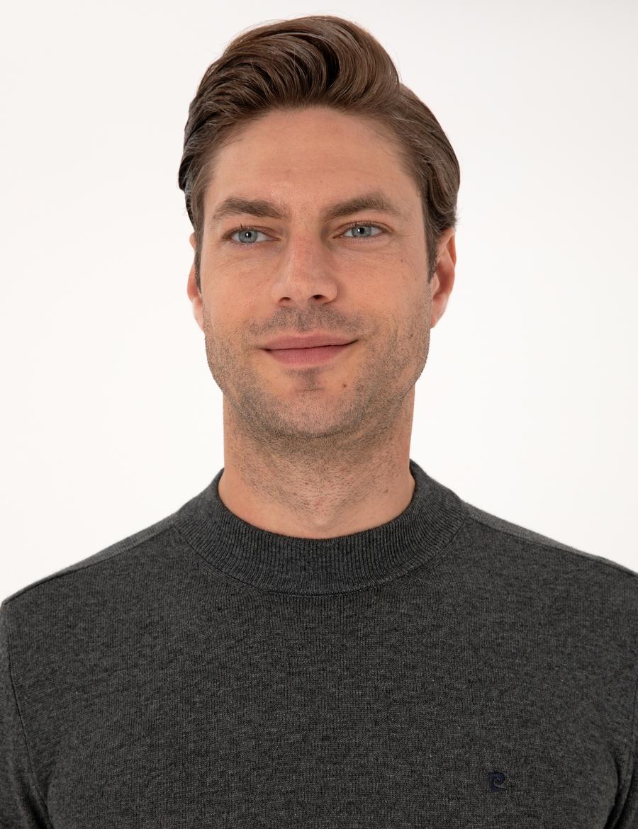 Antrasit Melanj  Slim Fit Çeyrek Yaka Basic Triko Kazak