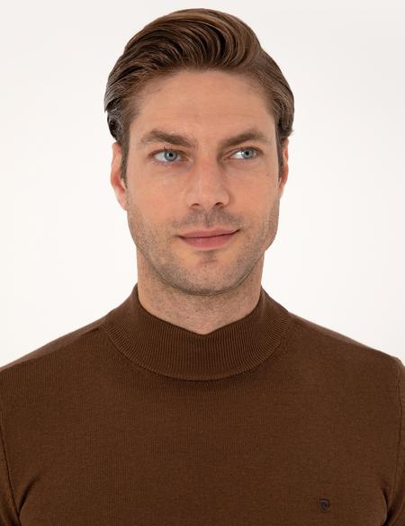 Koyu Kahverengi Slim Fit Yarım Balıkçı Yaka Basic Triko Kazak - 50314176039