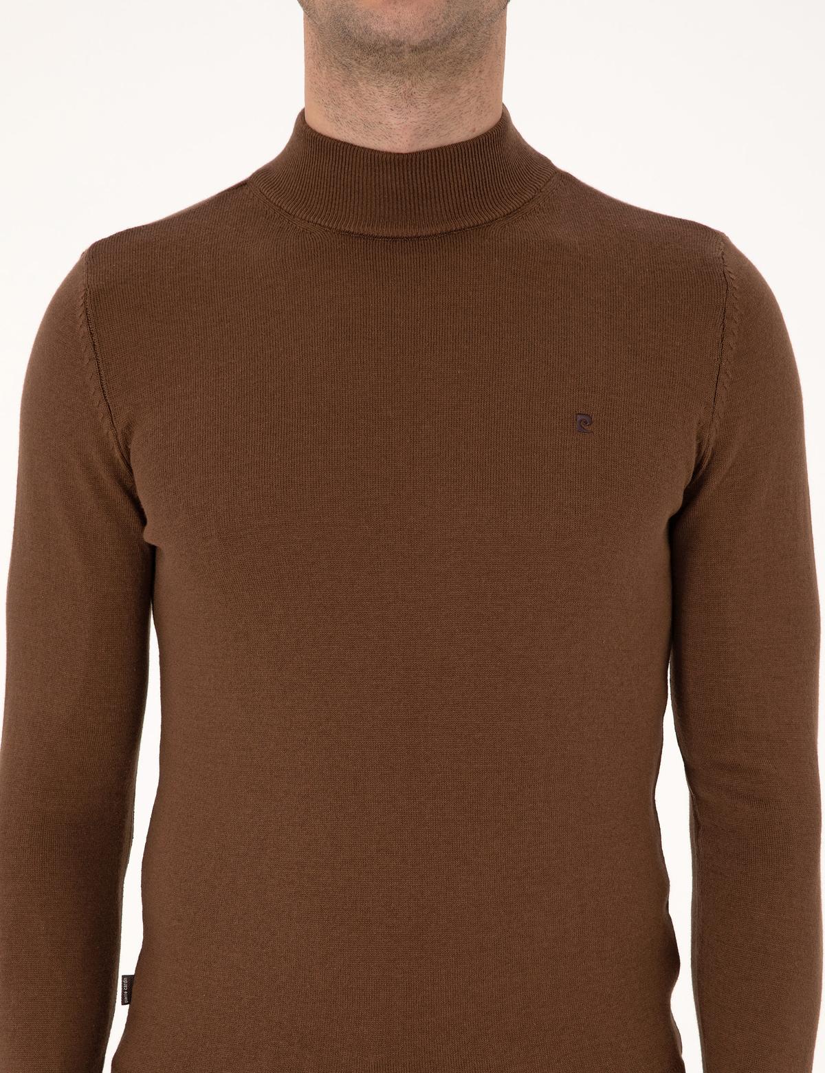 Koyu Kahverengi Slim Fit Yarım Balıkçı Yaka Basic Triko Kazak - 50314176039