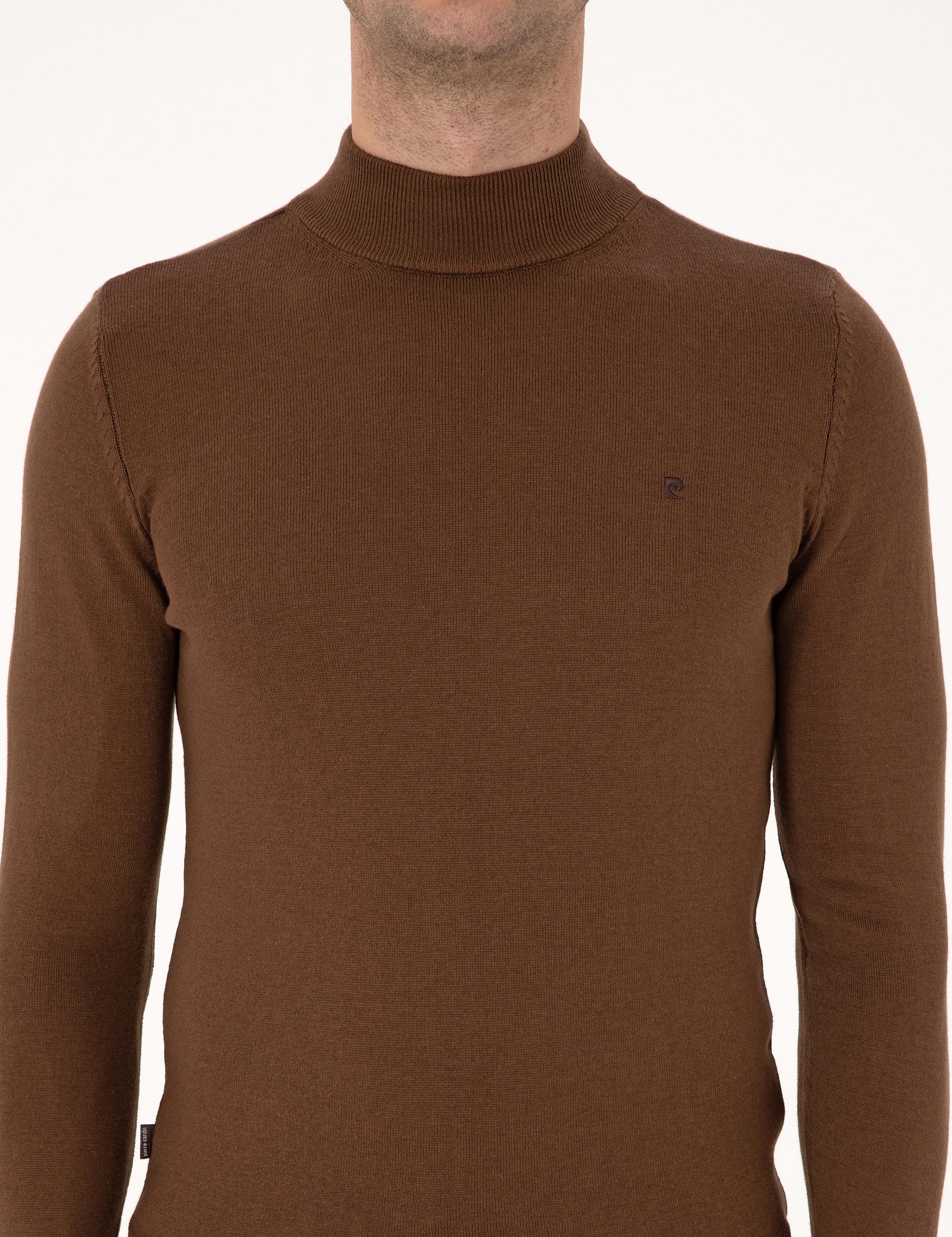 Koyu Kahverengi Slim Fit Yarım Balıkçı Yaka Basic Triko Kazak