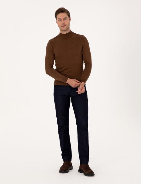 Koyu Kahverengi Slim Fit Yarım Balıkçı Yaka Basic Triko Kazak - 50314176039
