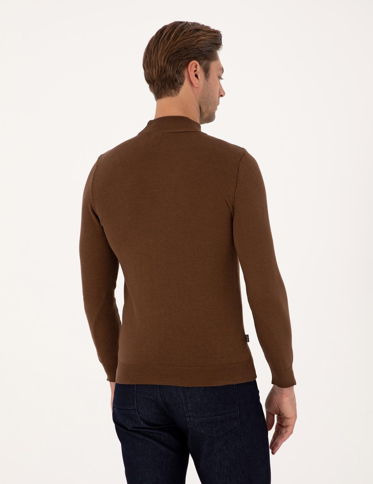 Koyu Kahverengi Slim Fit Yarım Balıkçı Yaka Basic Triko Kazak - 50314176039