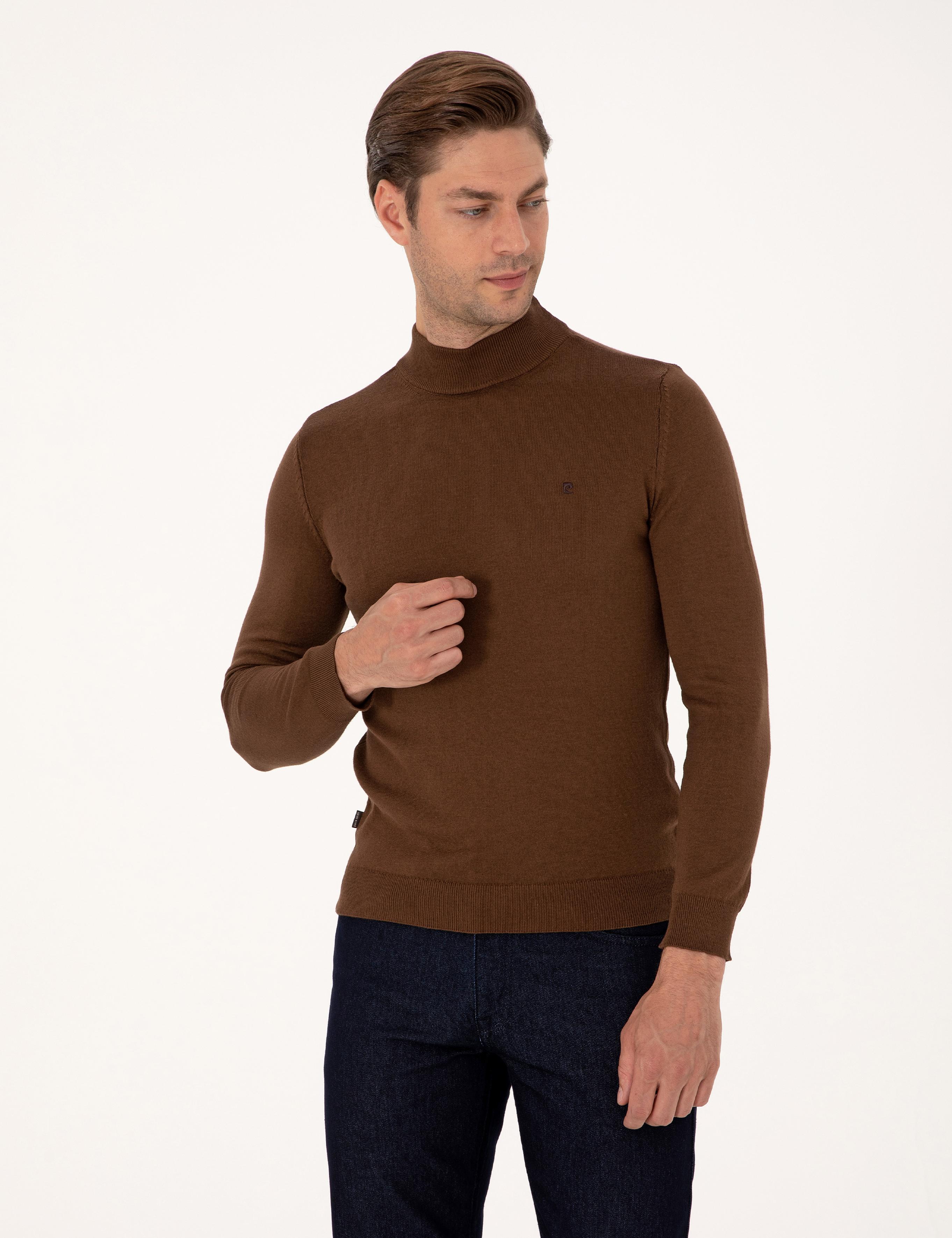 Koyu Kahverengi Slim Fit Yarım Balıkçı Yaka Basic Triko Kazak