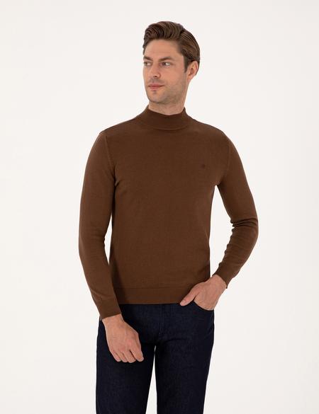 Koyu Kahverengi Slim Fit Yarım Balıkçı Yaka Basic Triko Kazak - 50314176039
