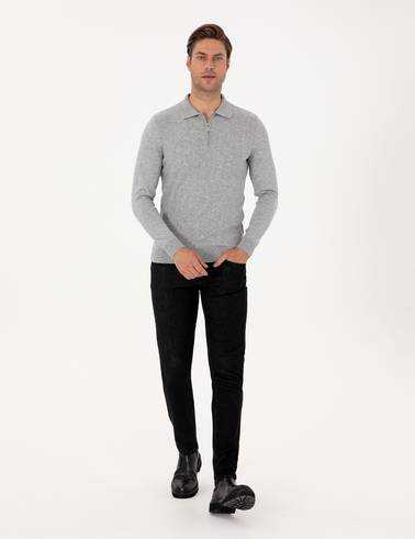 Açık Gri Melanj Regular Fit Polo Yaka Fermuarlı Triko Kazak