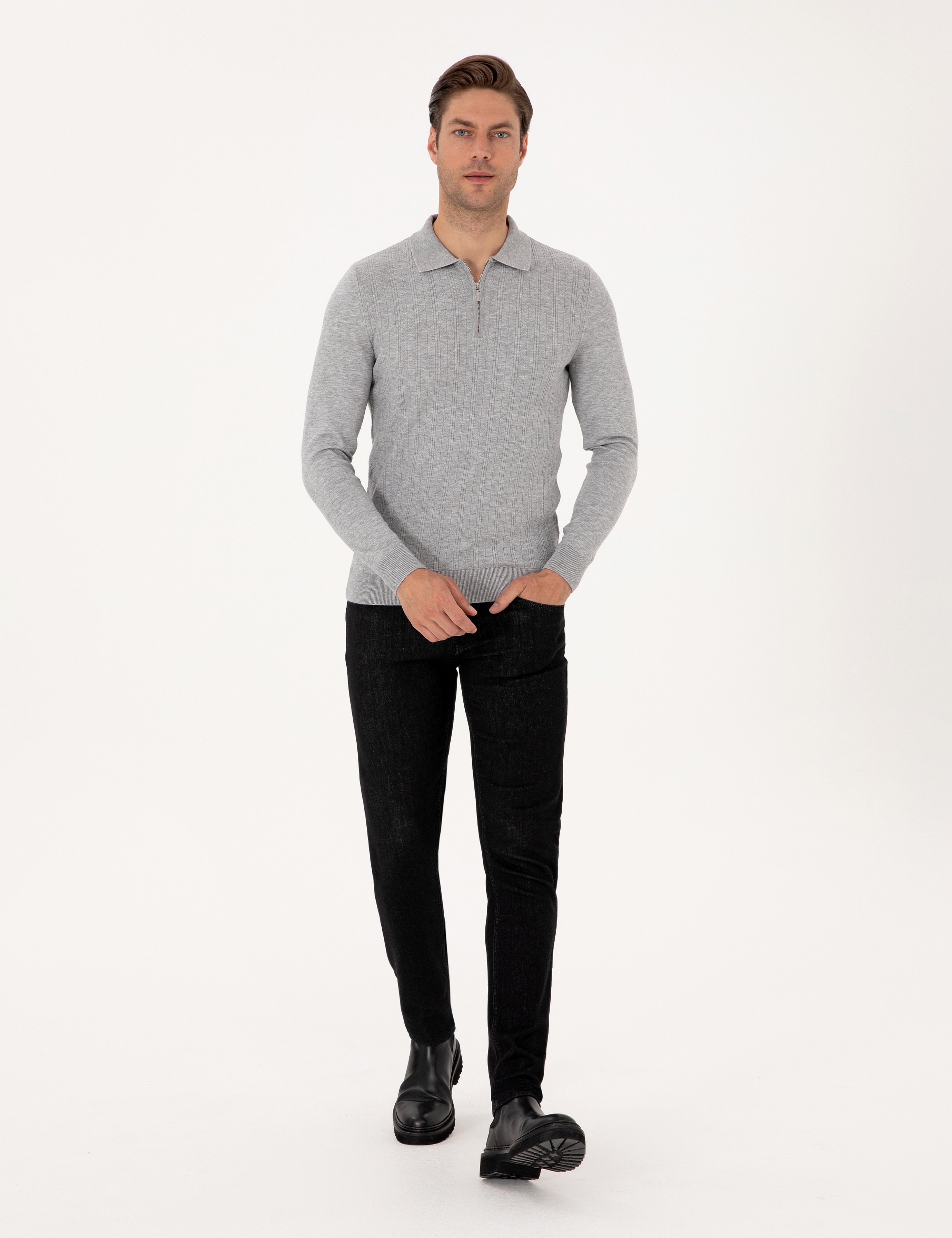 Açık Gri Melanj Regular Fit Polo Yaka Fermuarlı Triko Kazak