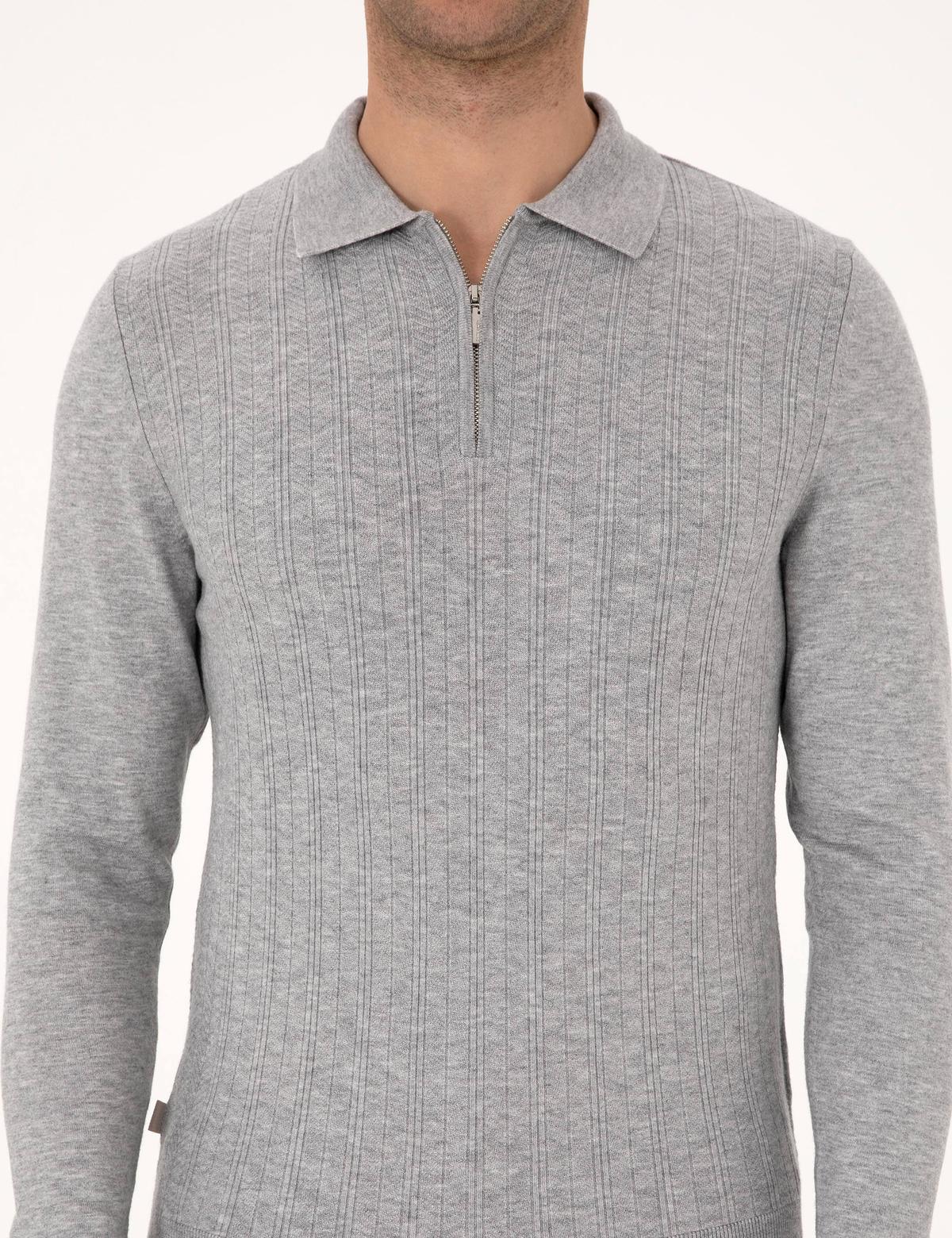 Açık Gri Melanj Regular Fit Polo Yaka Fermuarlı Triko Kazak - 50315729048