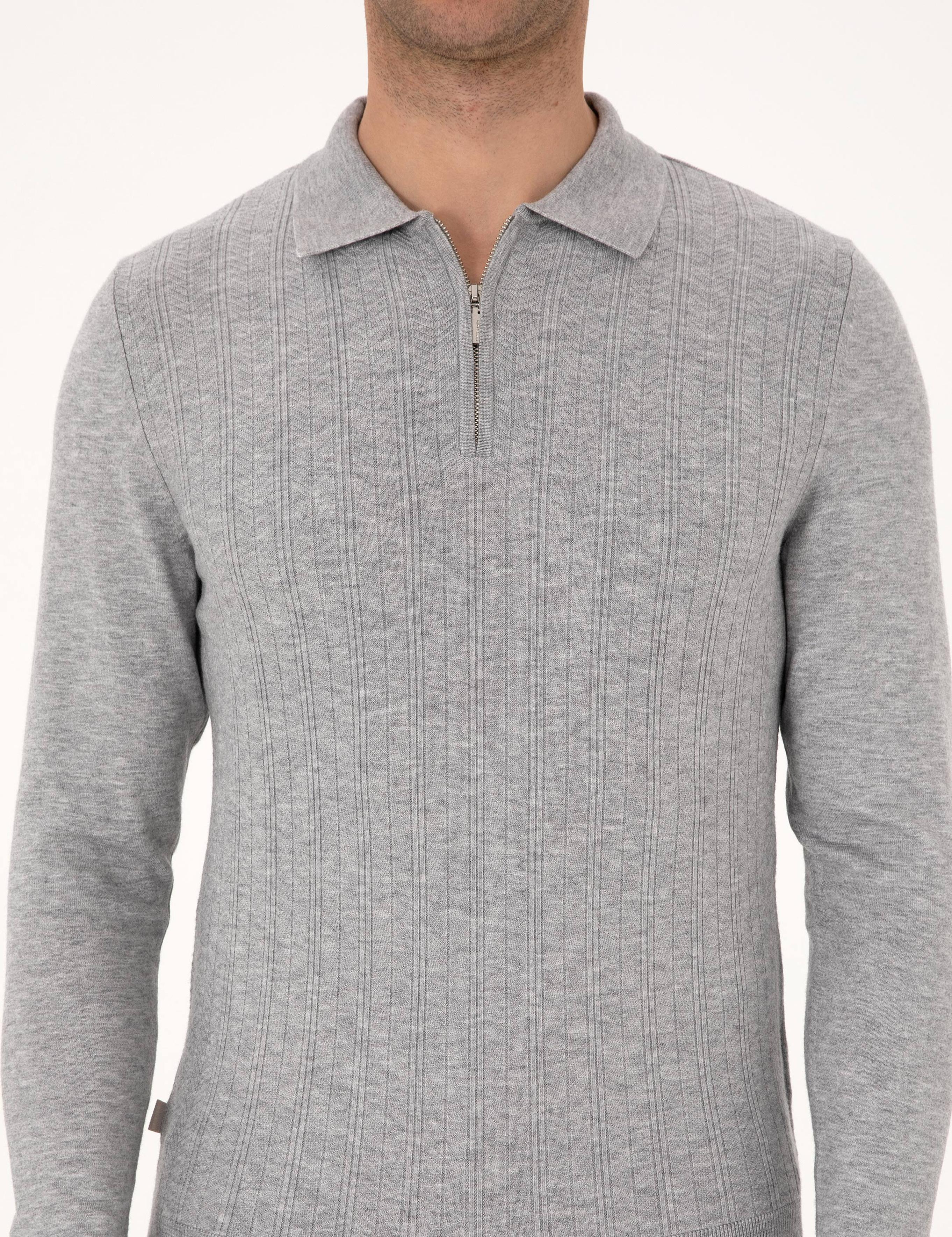 Açık Gri Melanj Regular Fit Polo Yaka Fermuarlı Triko Kazak