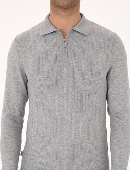 Açık Gri Melanj Regular Fit Polo Yaka Fermuarlı Triko Kazak - 50315729048