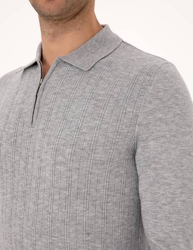 Açık Gri Melanj Regular Fit Polo Yaka Fermuarlı Triko Kazak