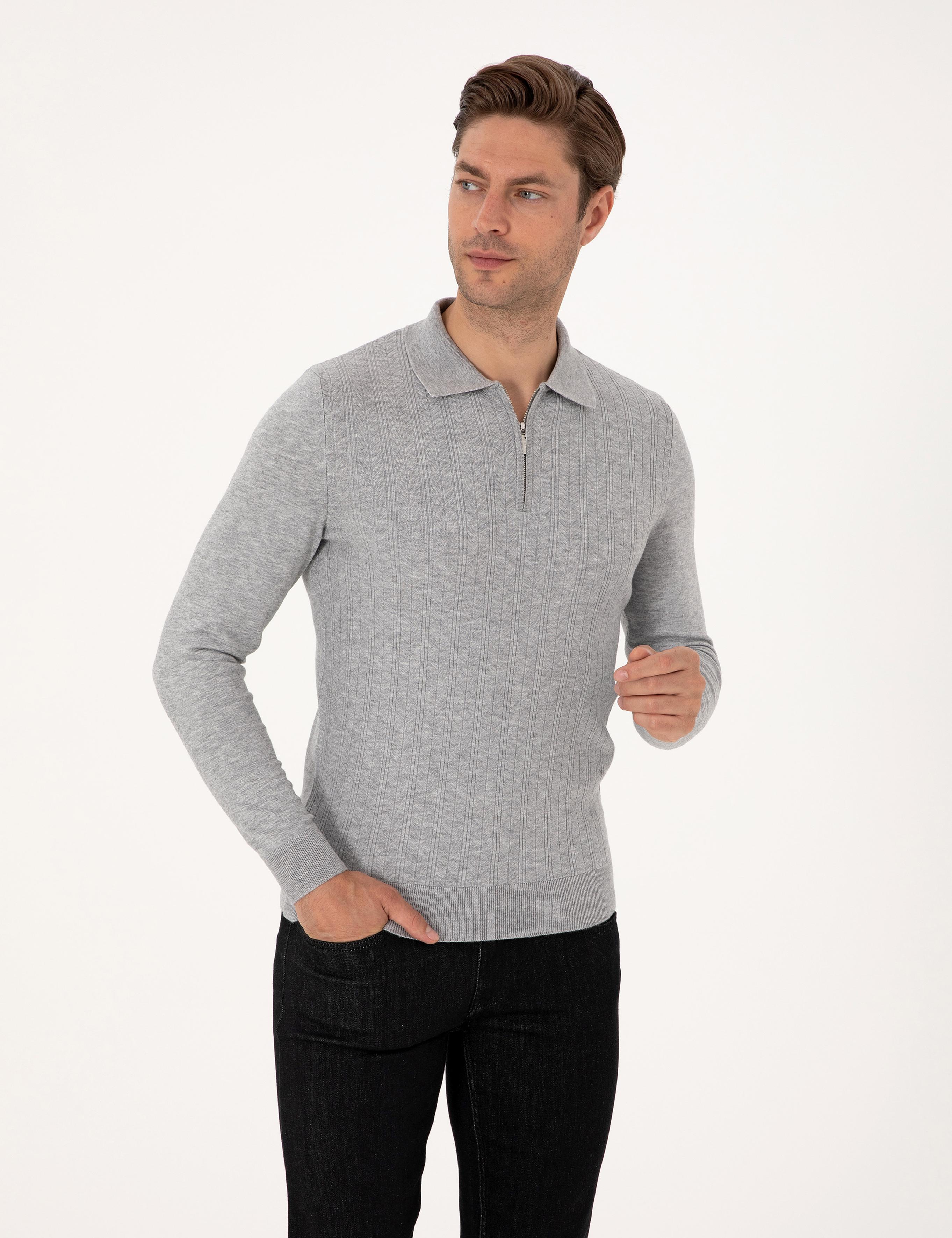 Açık Gri Melanj Regular Fit Polo Yaka Fermuarlı Triko Kazak