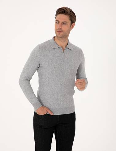 Açık Gri Melanj Regular Fit Polo Yaka Fermuarlı Triko Kazak