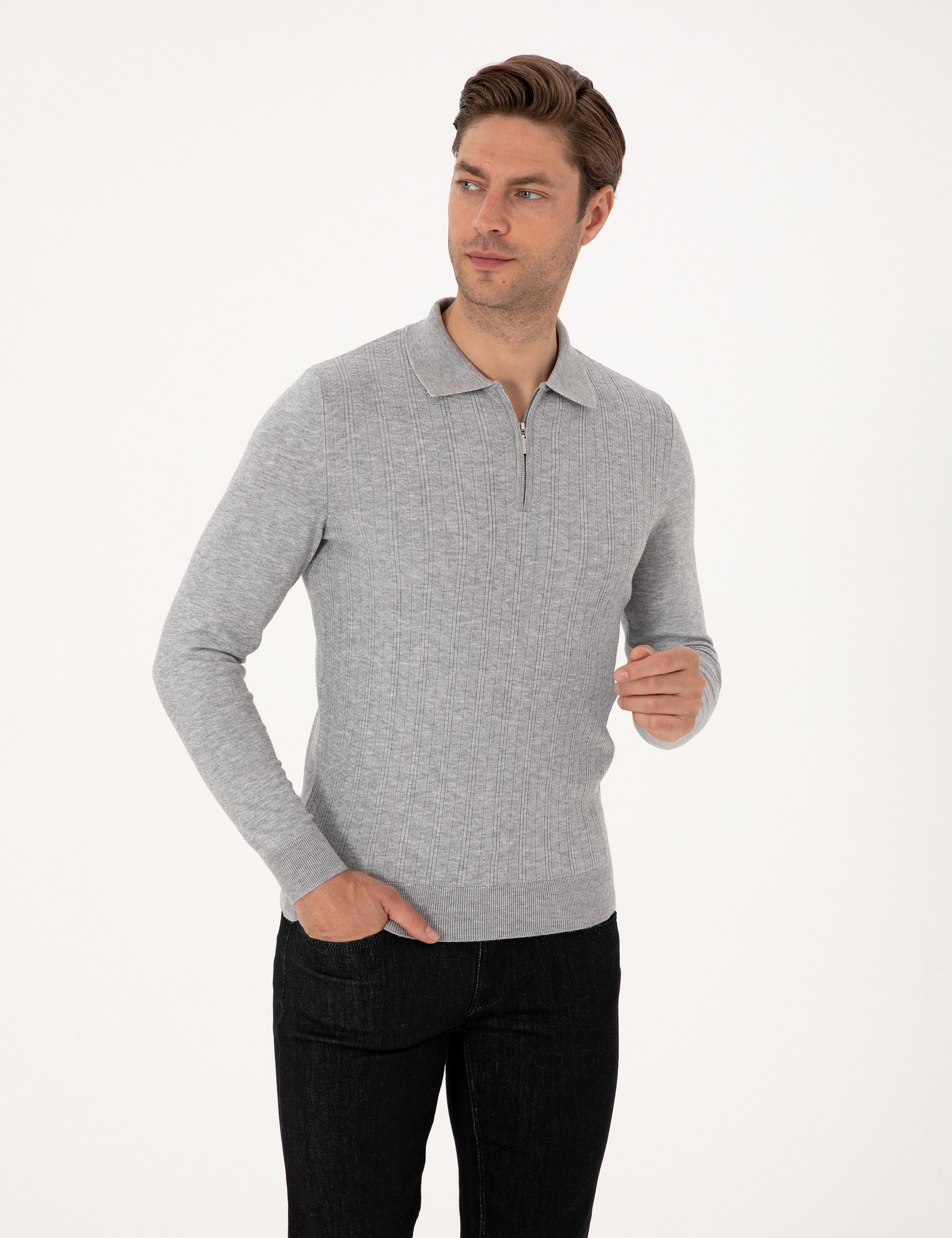 Açık Gri Melanj Regular Fit Polo Yaka Fermuarlı Triko Kazak - Image 3