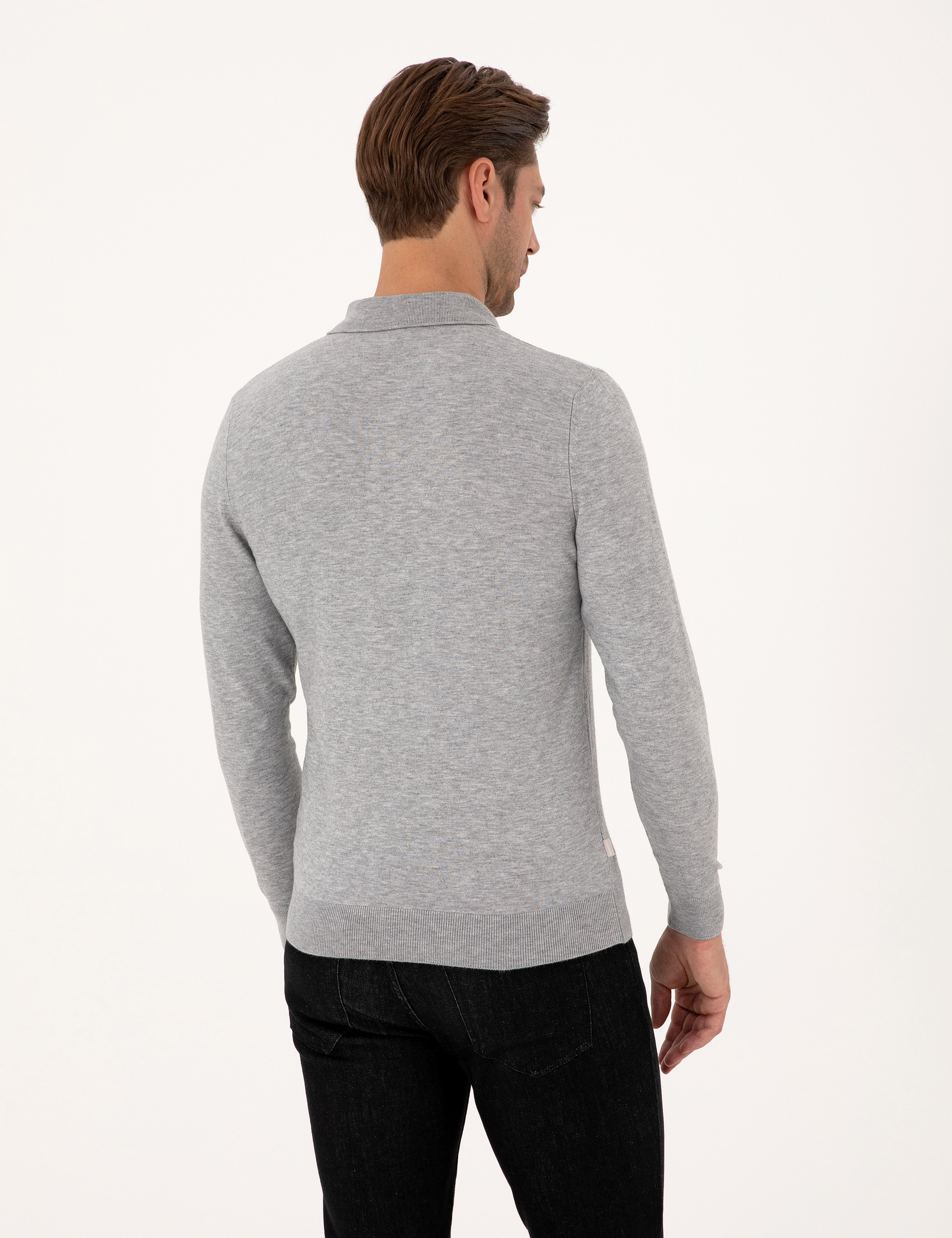Açık Gri Melanj Regular Fit Polo Yaka Fermuarlı Triko Kazak - Image 5