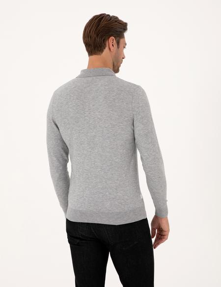 Açık Gri Melanj Regular Fit Polo Yaka Fermuarlı Triko Kazak - 50315729048