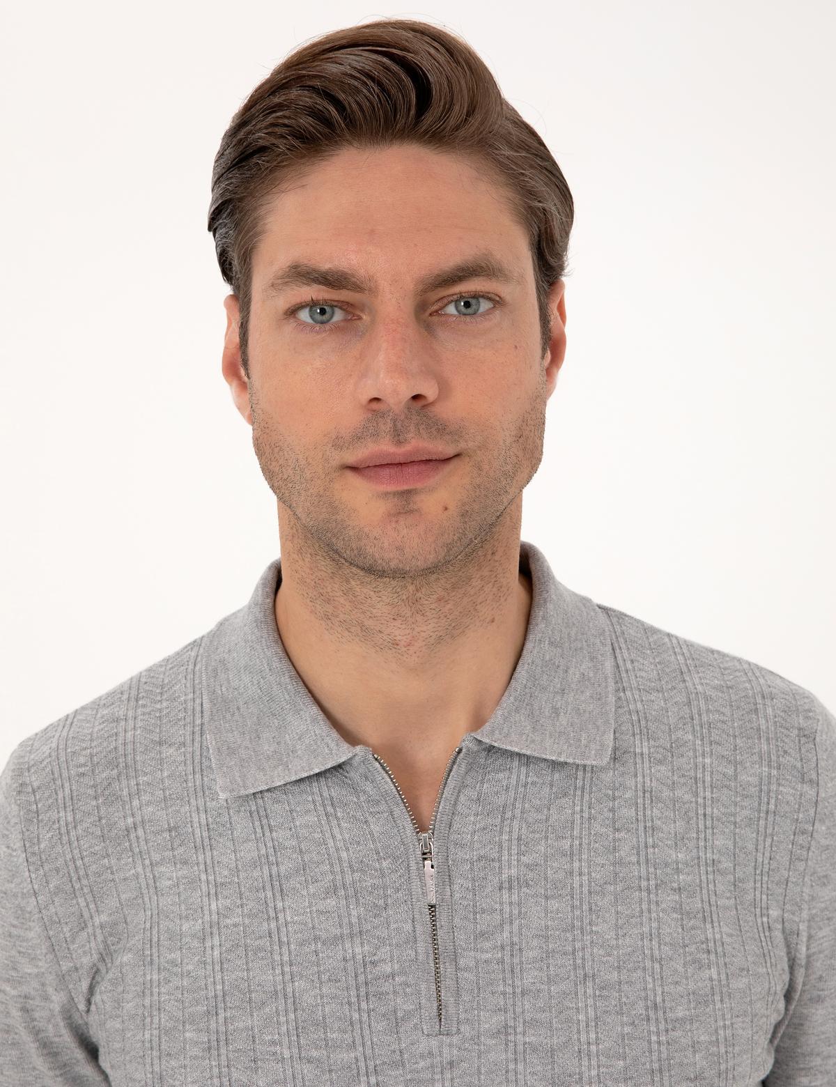 Açık Gri Melanj Regular Fit Polo Yaka Fermuarlı Triko Kazak - 50315729048