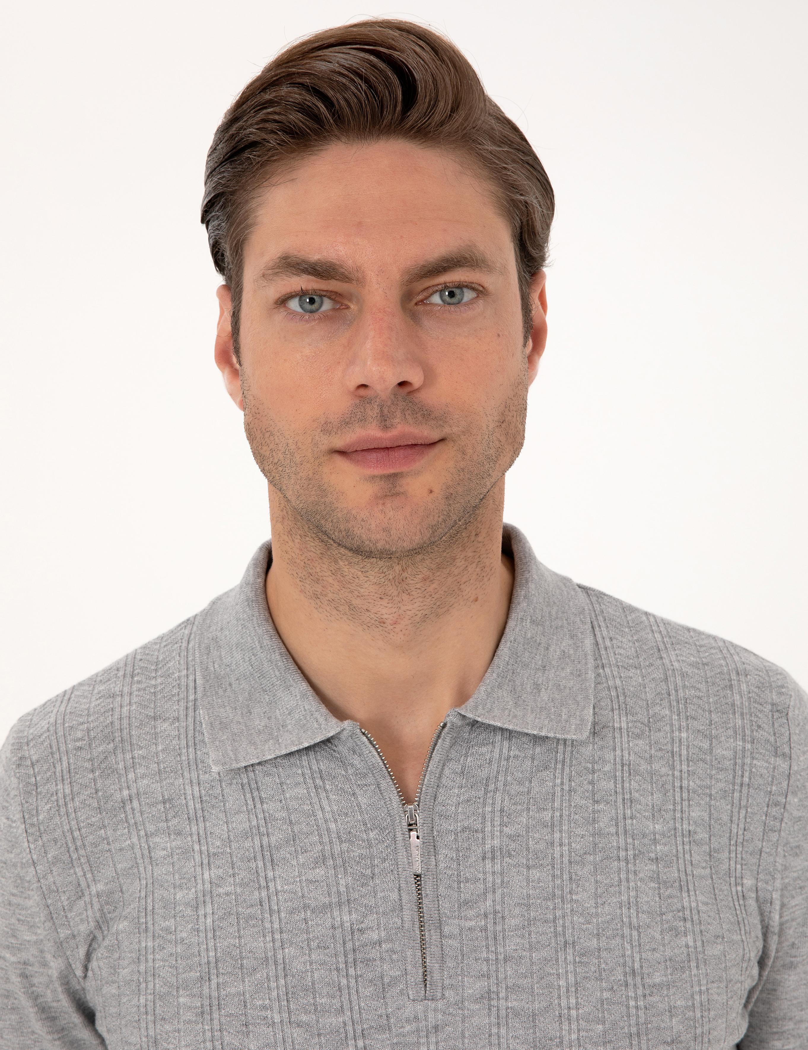 Açık Gri Melanj Regular Fit Polo Yaka Fermuarlı Triko Kazak