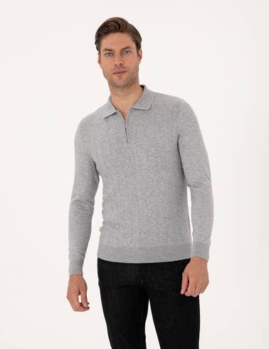 Açık Gri Melanj Regular Fit Polo Yaka Fermuarlı Triko Kazak