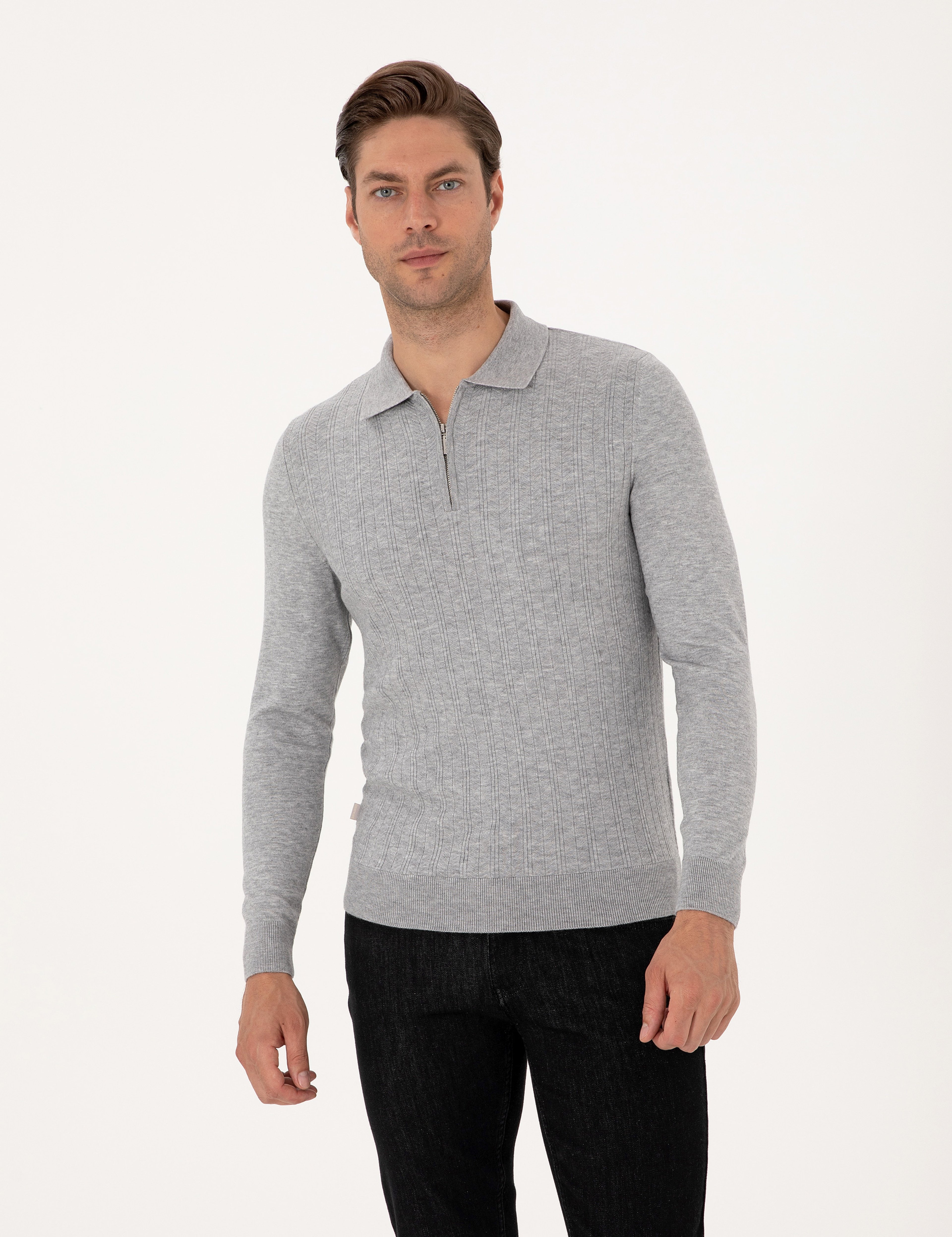 Açık Gri Melanj Regular Fit Polo Yaka Fermuarlı Triko Kazak
