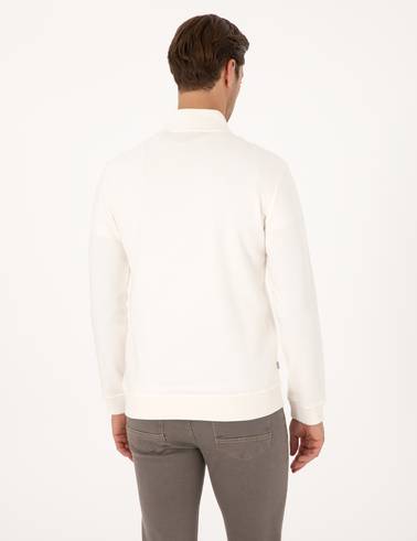 Ekru 3 İplik Regular Fit Fermuarlı Dik Yaka Basic Sweatshirt