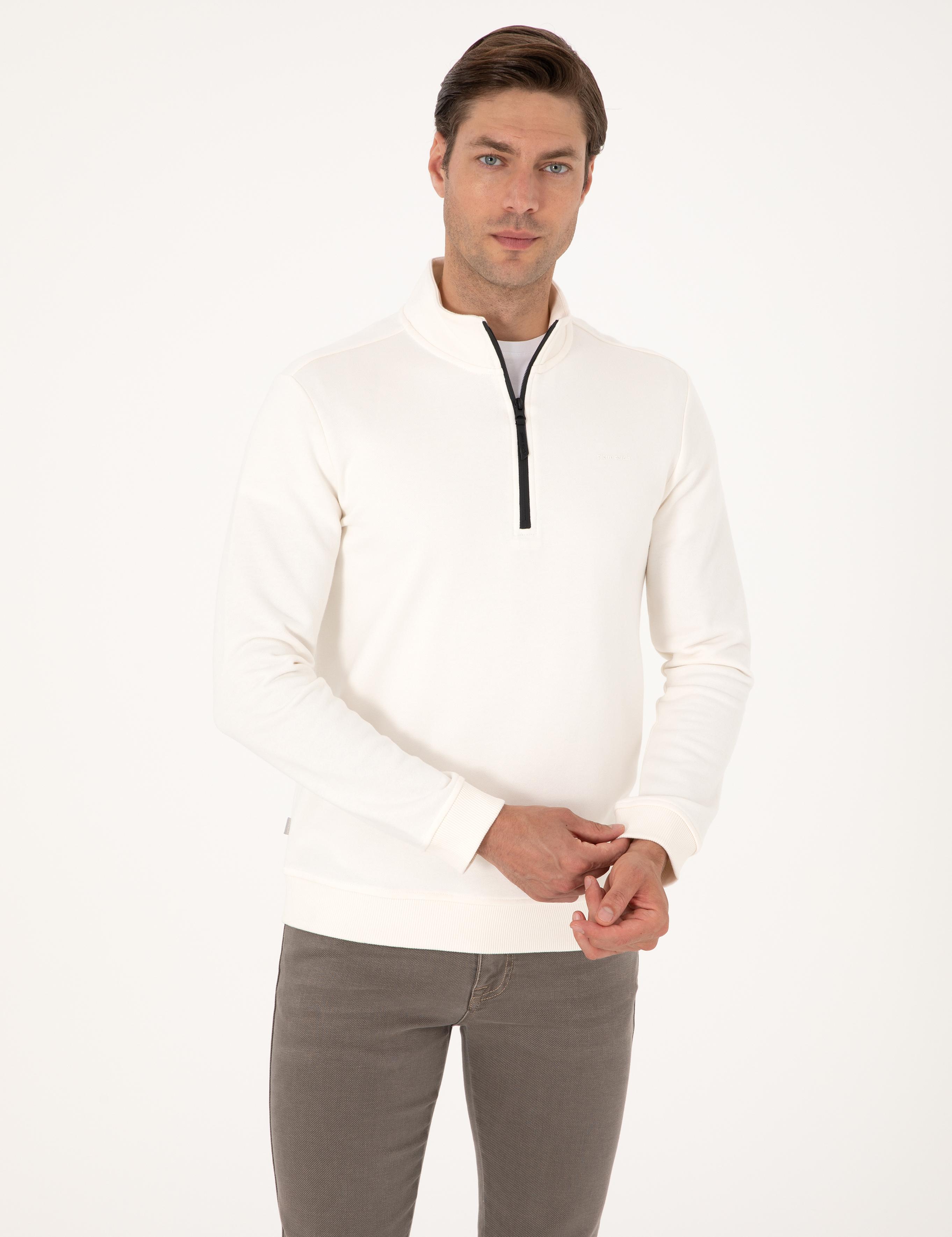 Ekru 3 İplik Regular Fit Fermuarlı Dik Yaka Basic Sweatshirt