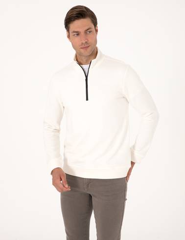 Ekru 3 İplik Regular Fit Fermuarlı Dik Yaka Basic Sweatshirt