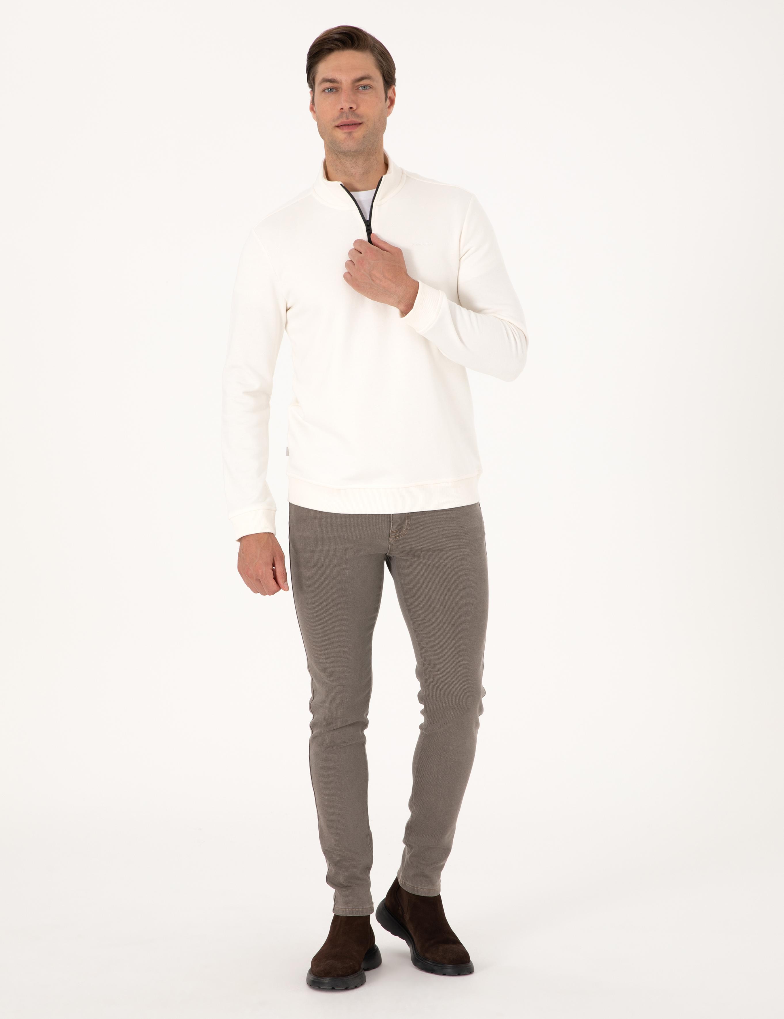 Ekru 3 İplik Regular Fit Fermuarlı Dik Yaka Basic Sweatshirt