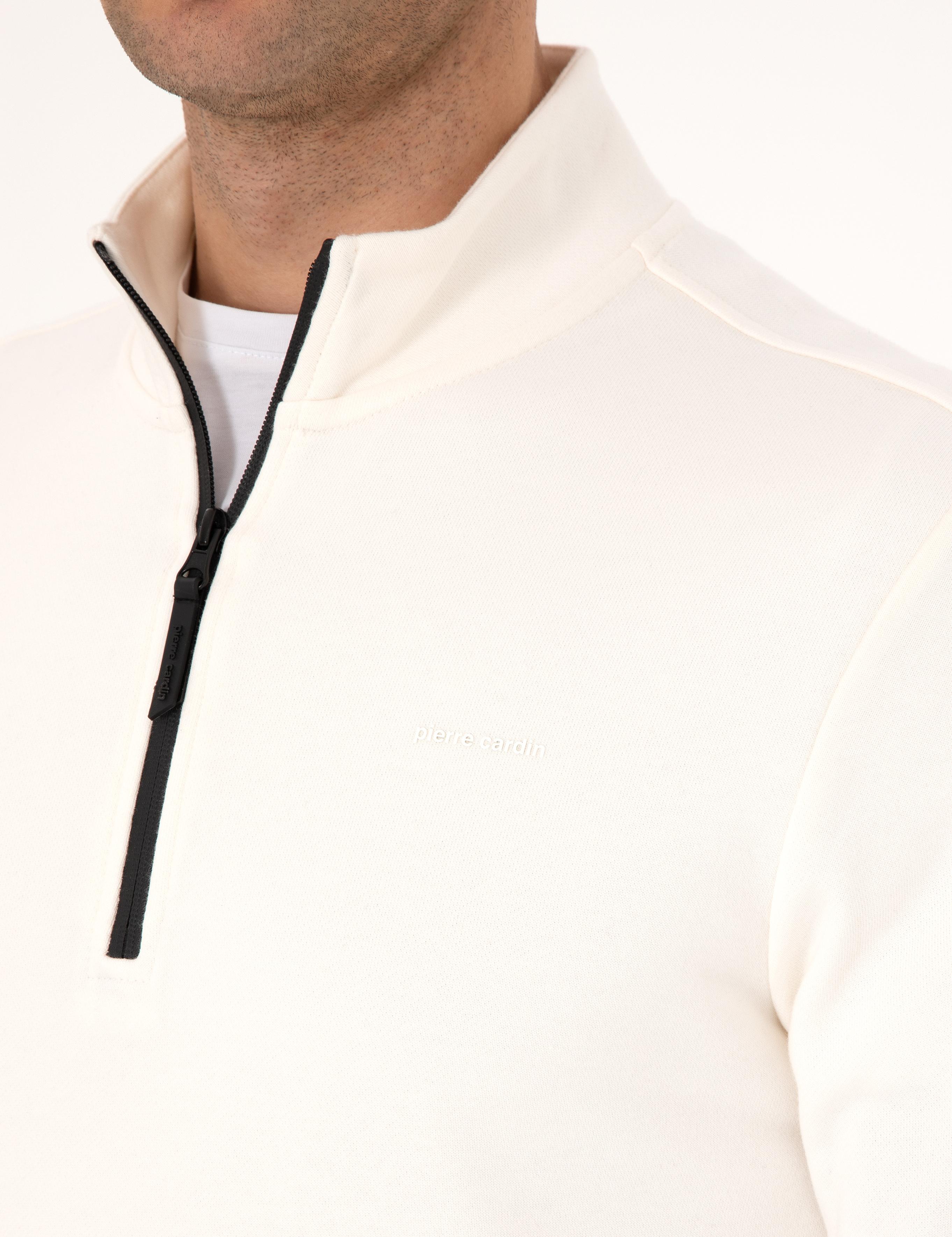 Ekru 3 İplik Regular Fit Fermuarlı Dik Yaka Basic Sweatshirt