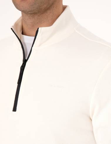Ekru 3 İplik Regular Fit Fermuarlı Dik Yaka Basic Sweatshirt