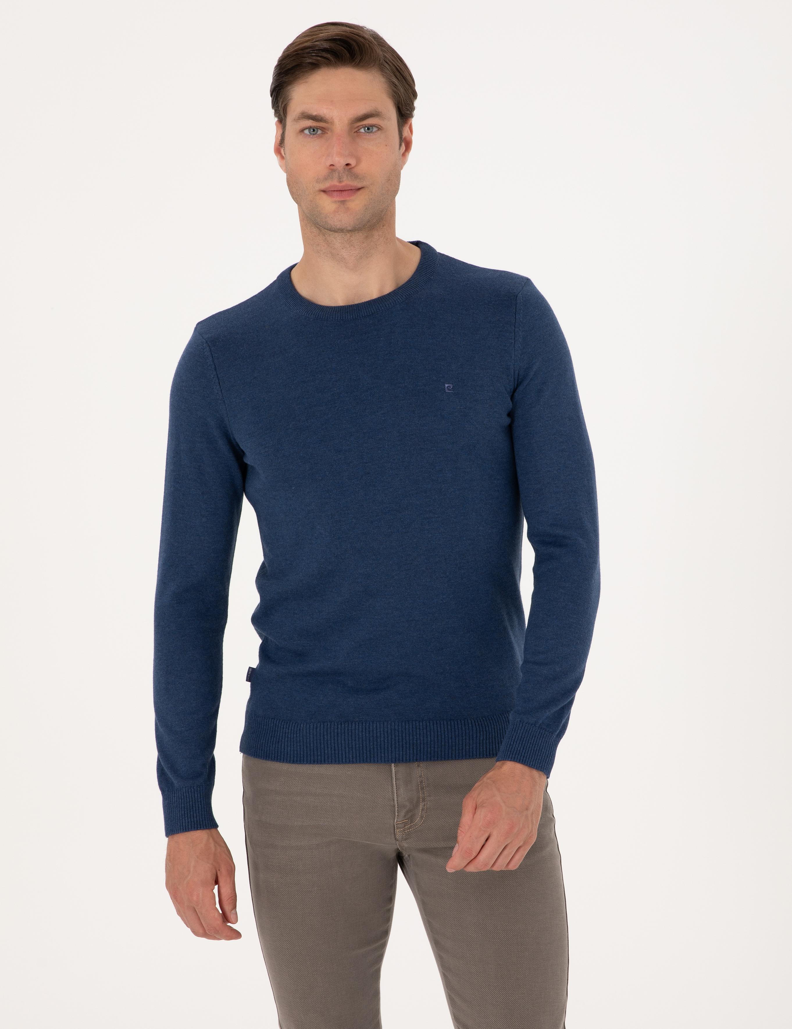 İndigo Melanj Slim Fit Bisiklet Yaka Basic Triko Kazak