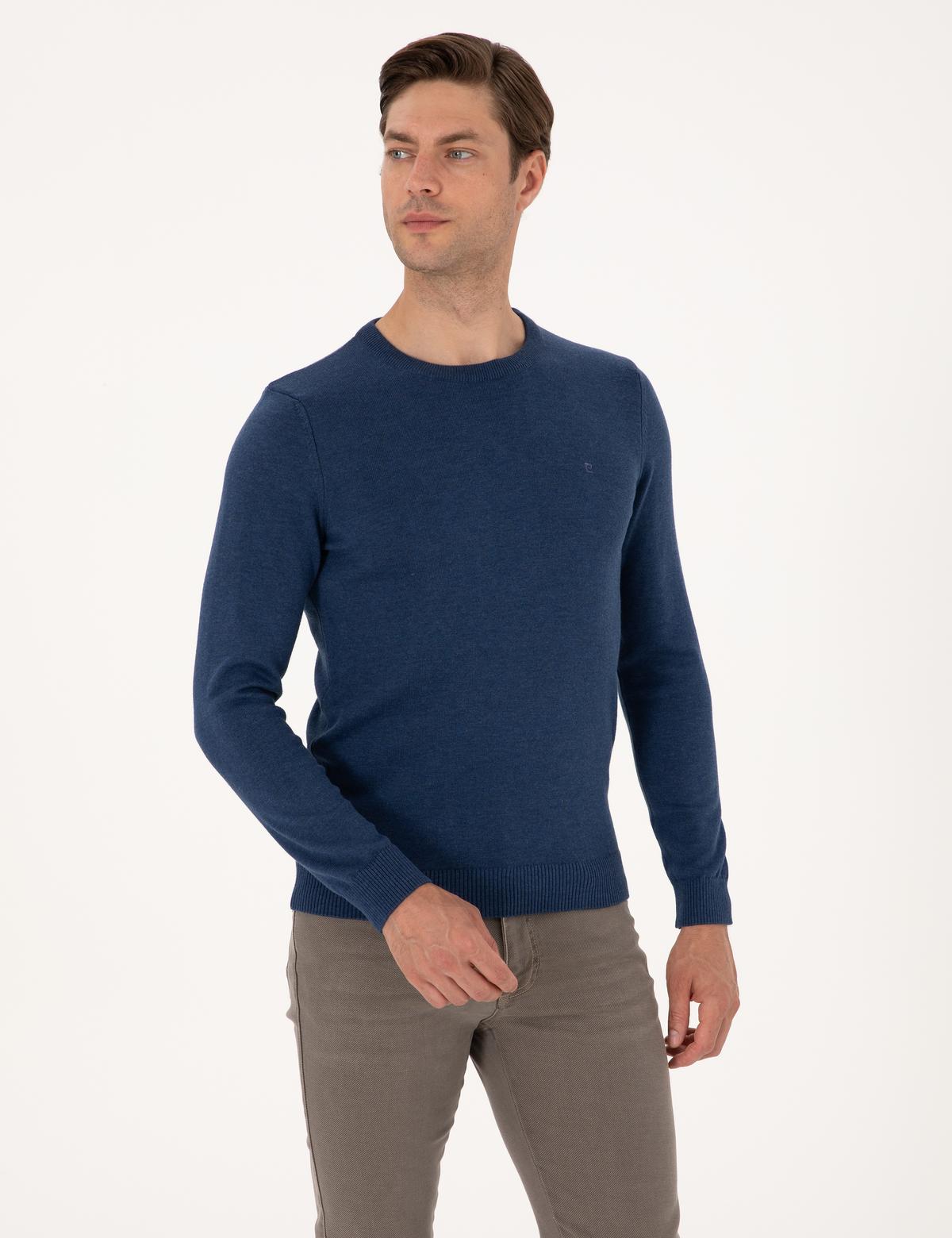 İndigo Melanj Slim Fit Bisiklet Yaka Basic Triko Kazak - 50315509104