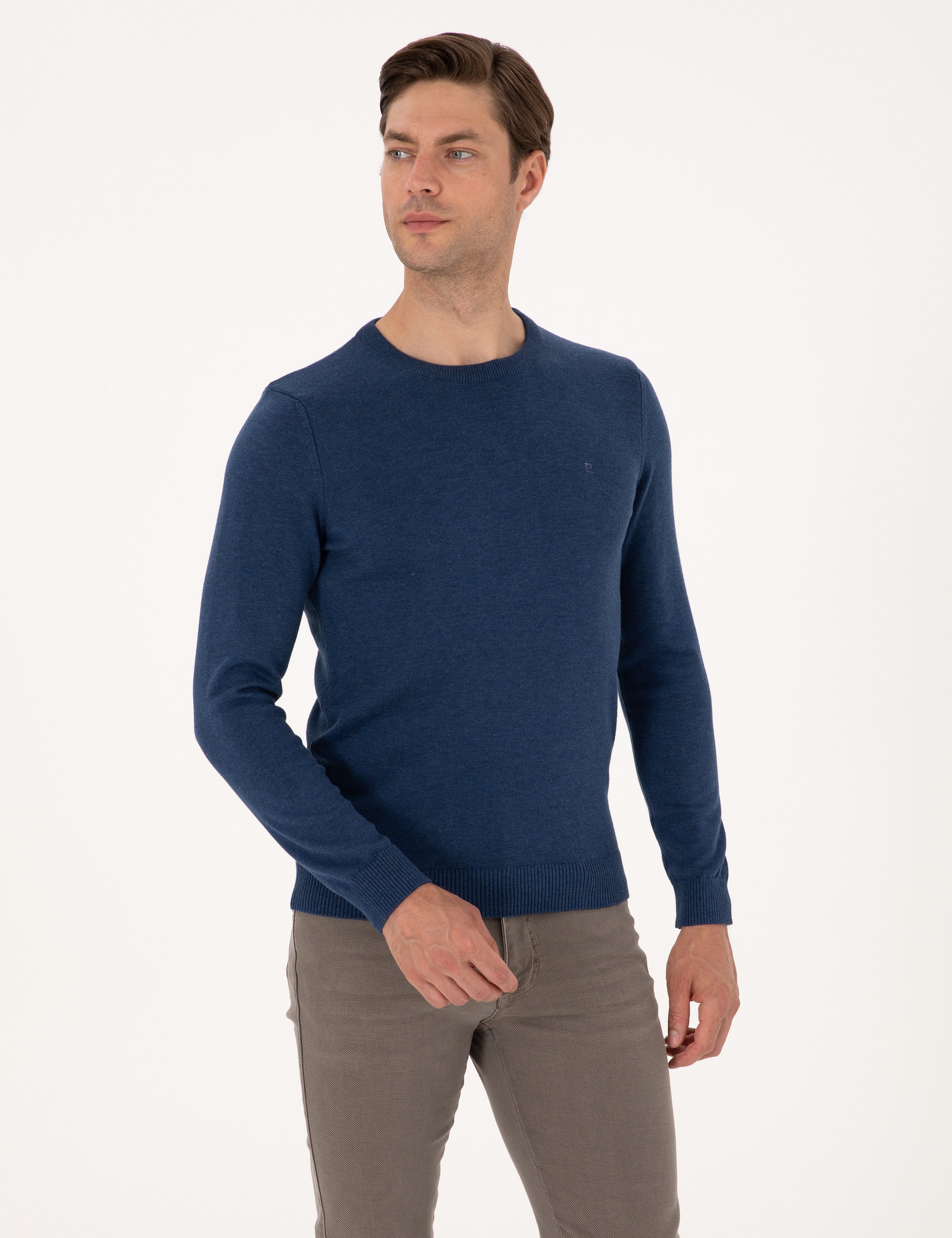 İndigo Melanj Slim Fit Bisiklet Yaka Basic Triko Kazak - Image 3