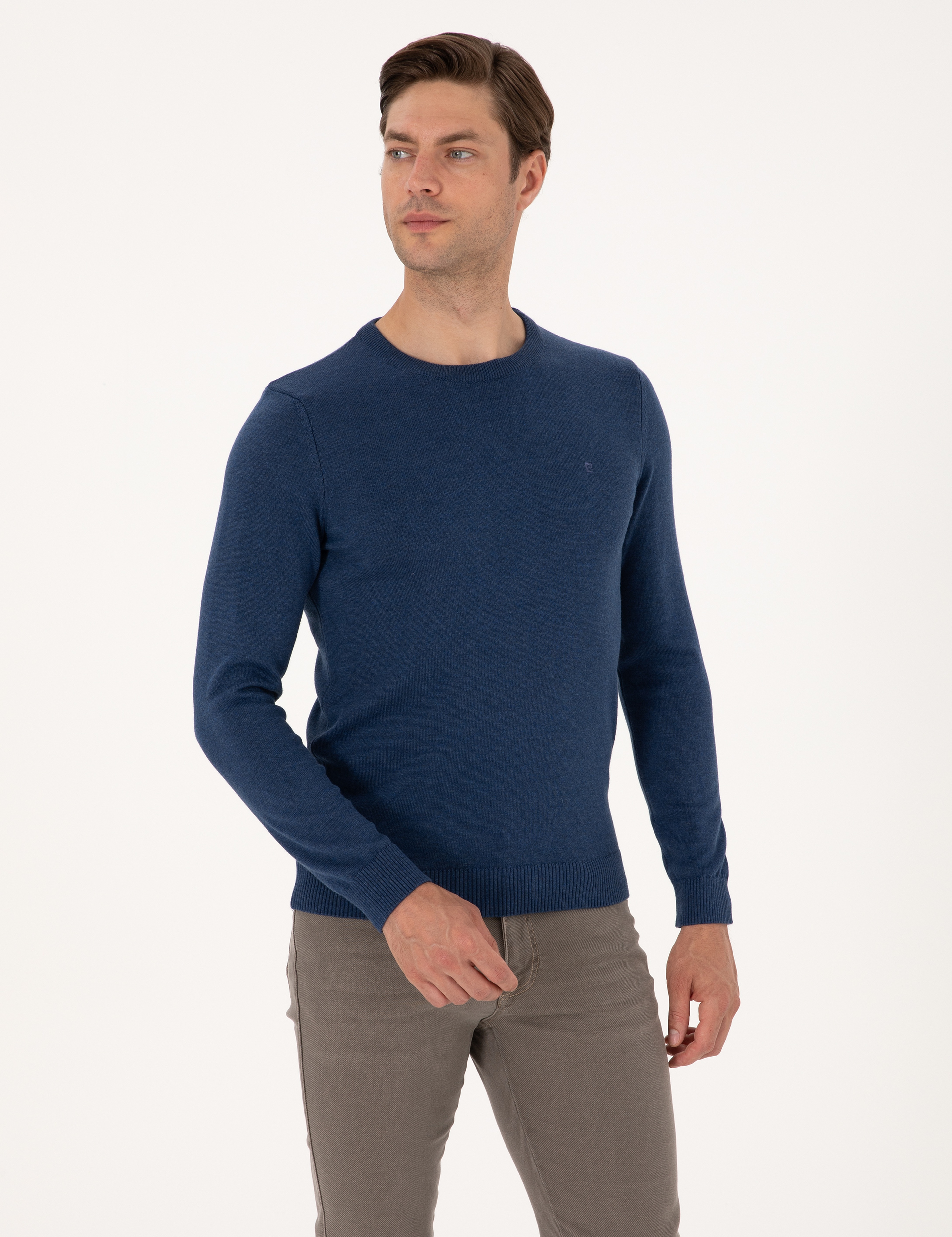 İndigo Melanj Slim Fit Bisiklet Yaka Basic Triko Kazak