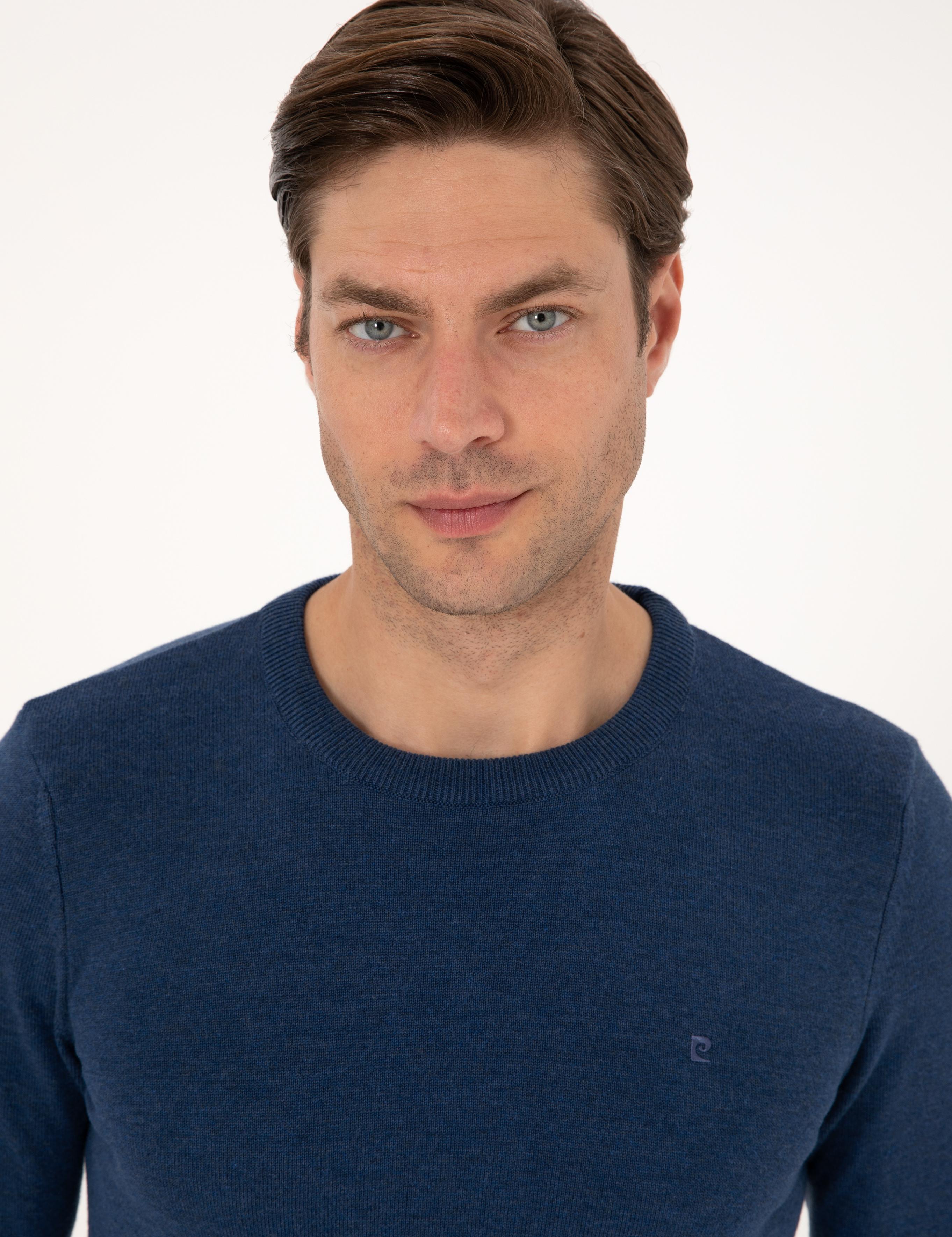 İndigo Melanj Slim Fit Bisiklet Yaka Basic Triko Kazak