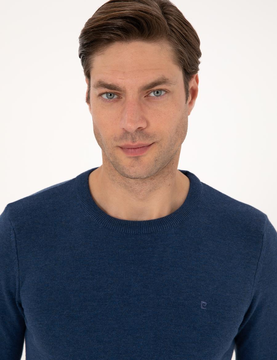 İndigo Melanj Slim Fit Bisiklet Yaka Basic Triko Kazak