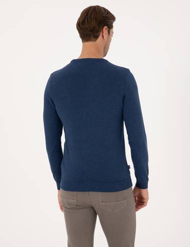 İndigo Melanj Slim Fit Bisiklet Yaka Basic Triko Kazak