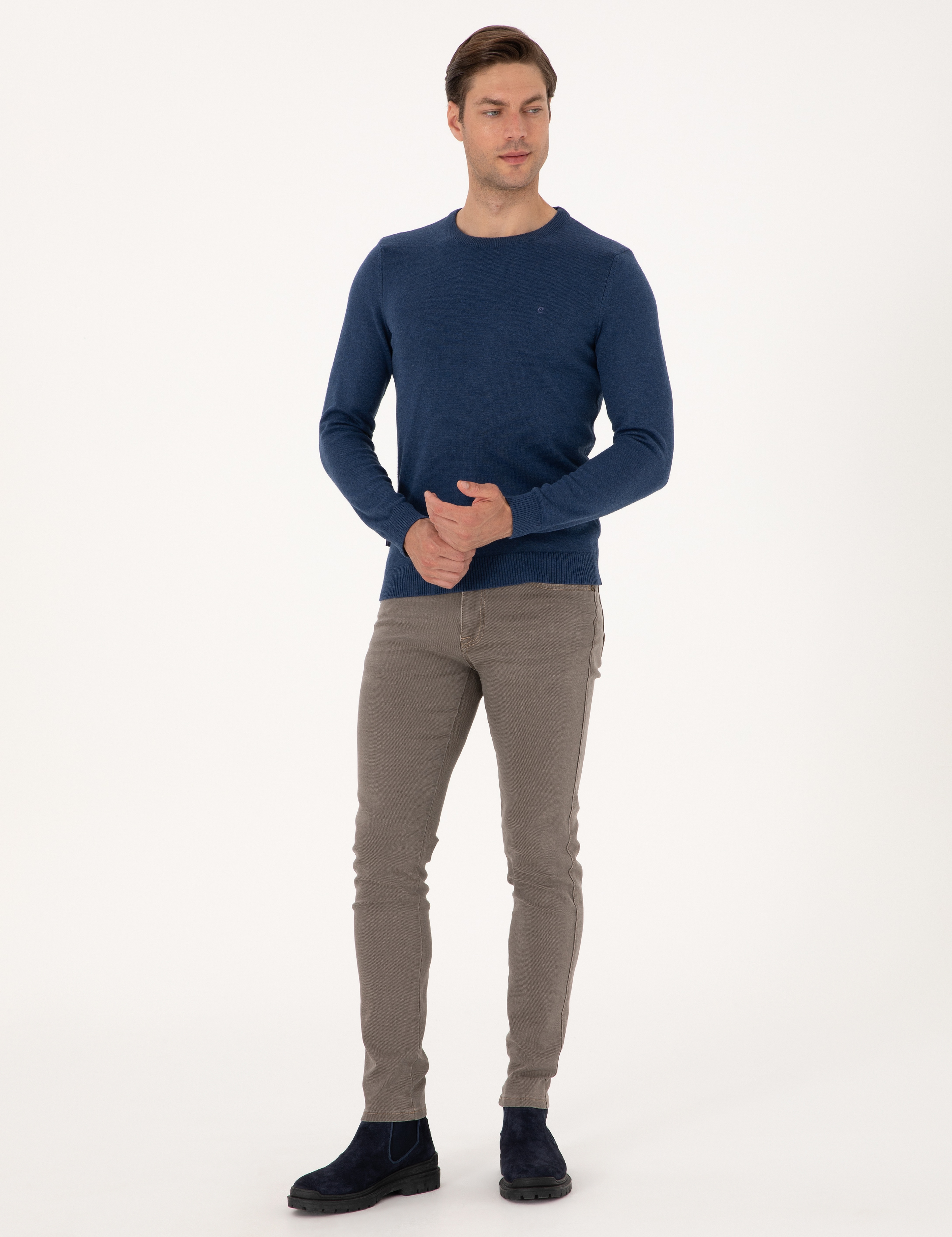 İndigo Melanj Slim Fit Bisiklet Yaka Basic Triko Kazak - Image 4