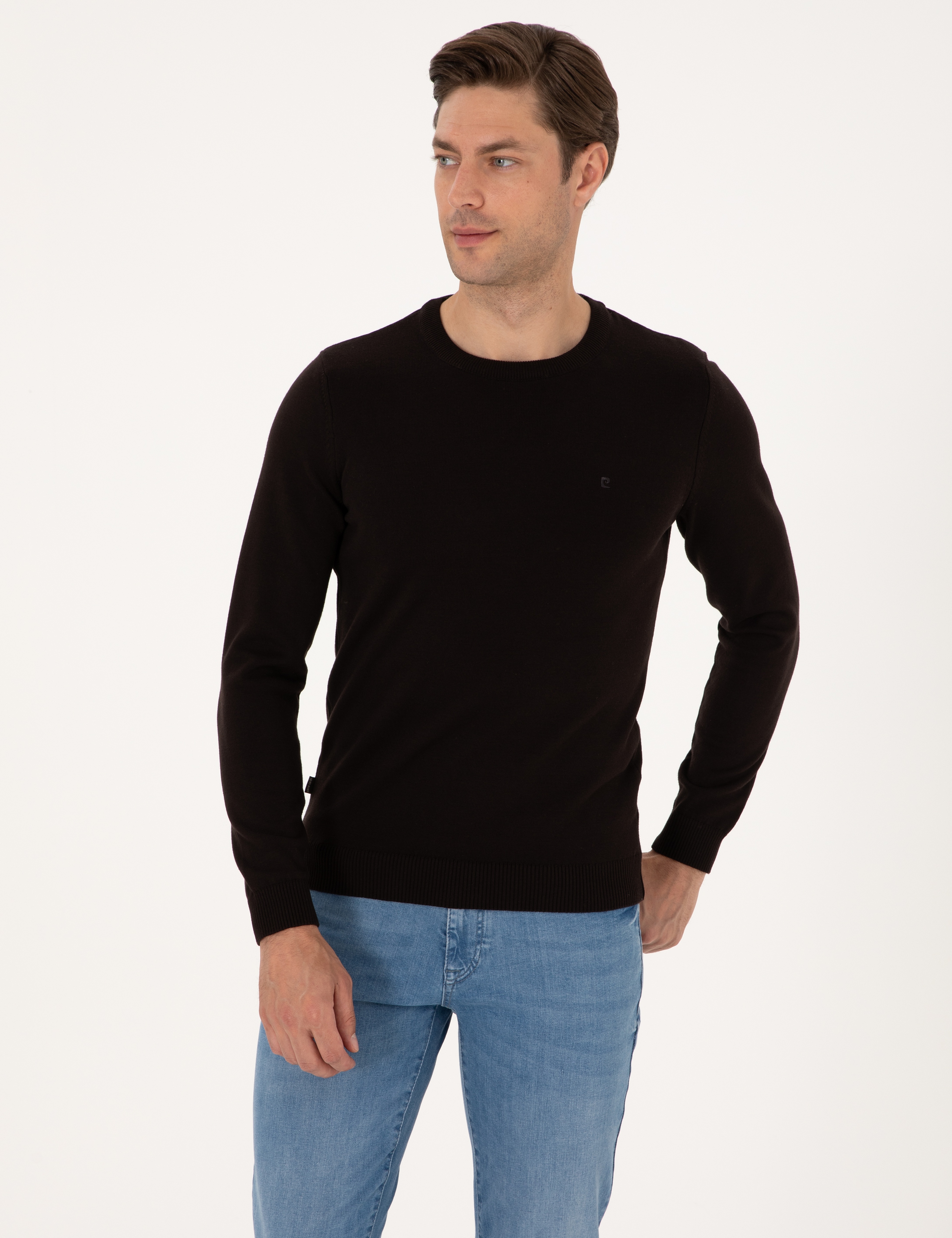 Koyu Kahverengi Slim Fit Bisiklet Yaka Basic Triko Kazak - Image 3
