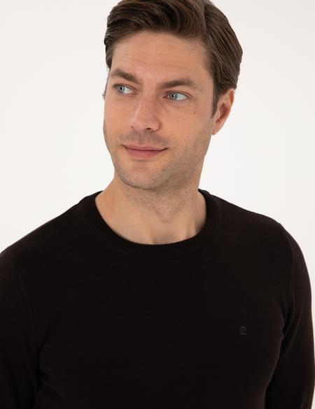 Koyu Kahverengi Slim Fit Bisiklet Yaka Basic Triko Kazak - 50315509071