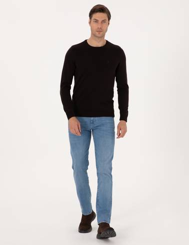 Koyu Kahverengi Slim Fit Bisiklet Yaka Basic Triko Kazak