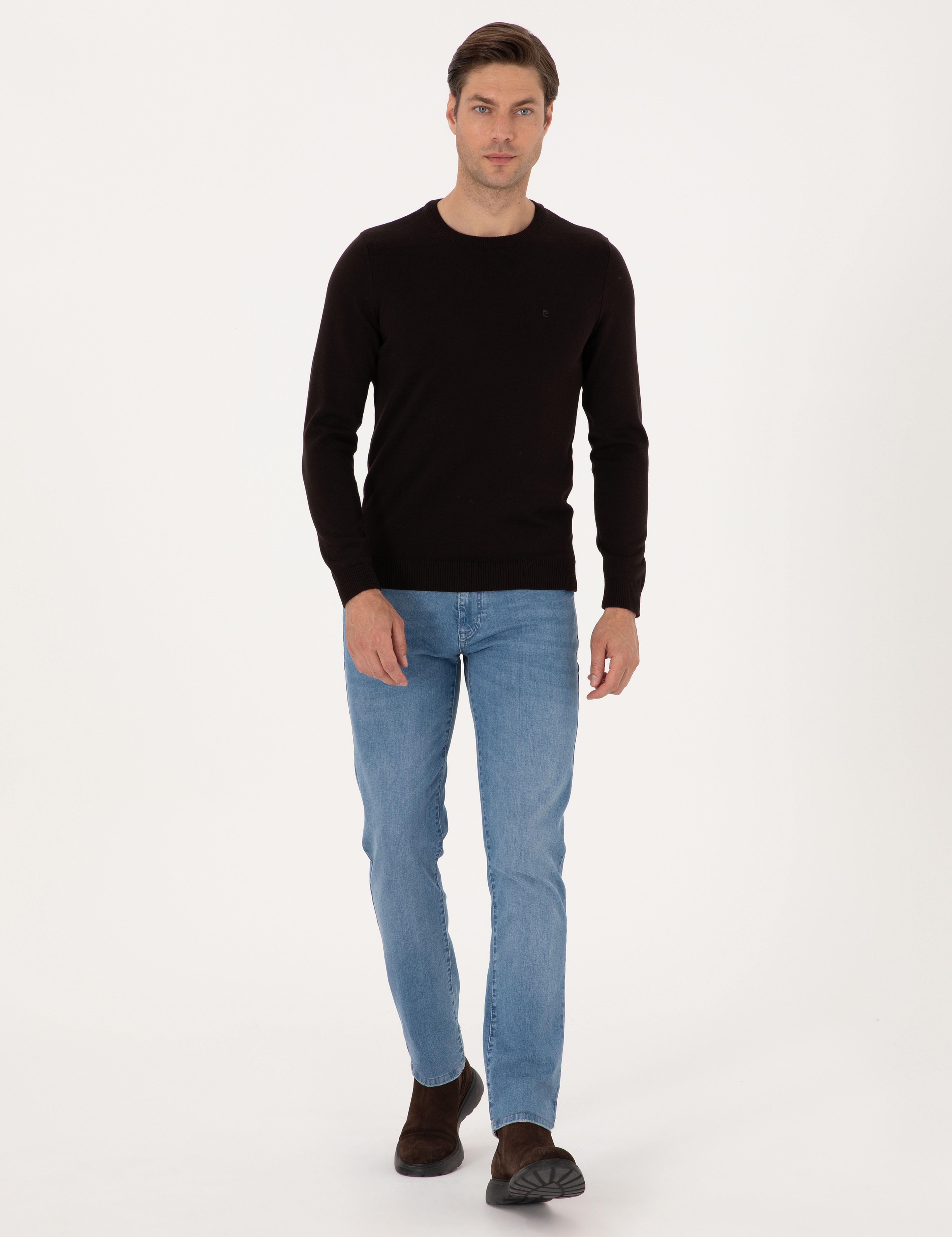 Koyu Kahverengi Slim Fit Bisiklet Yaka Basic Triko Kazak - Image 4