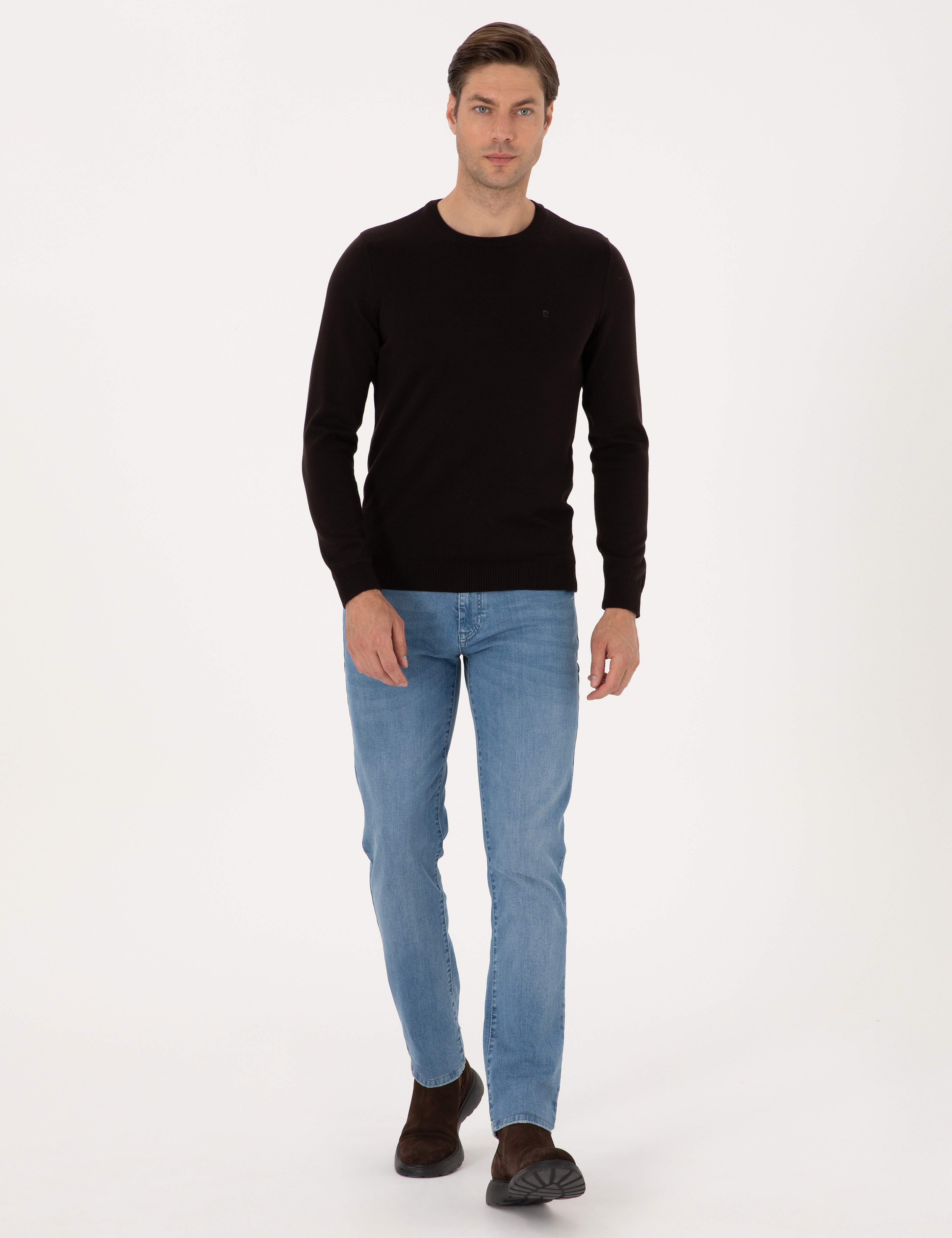Koyu Kahverengi Slim Fit Bisiklet Yaka Basic Triko Kazak