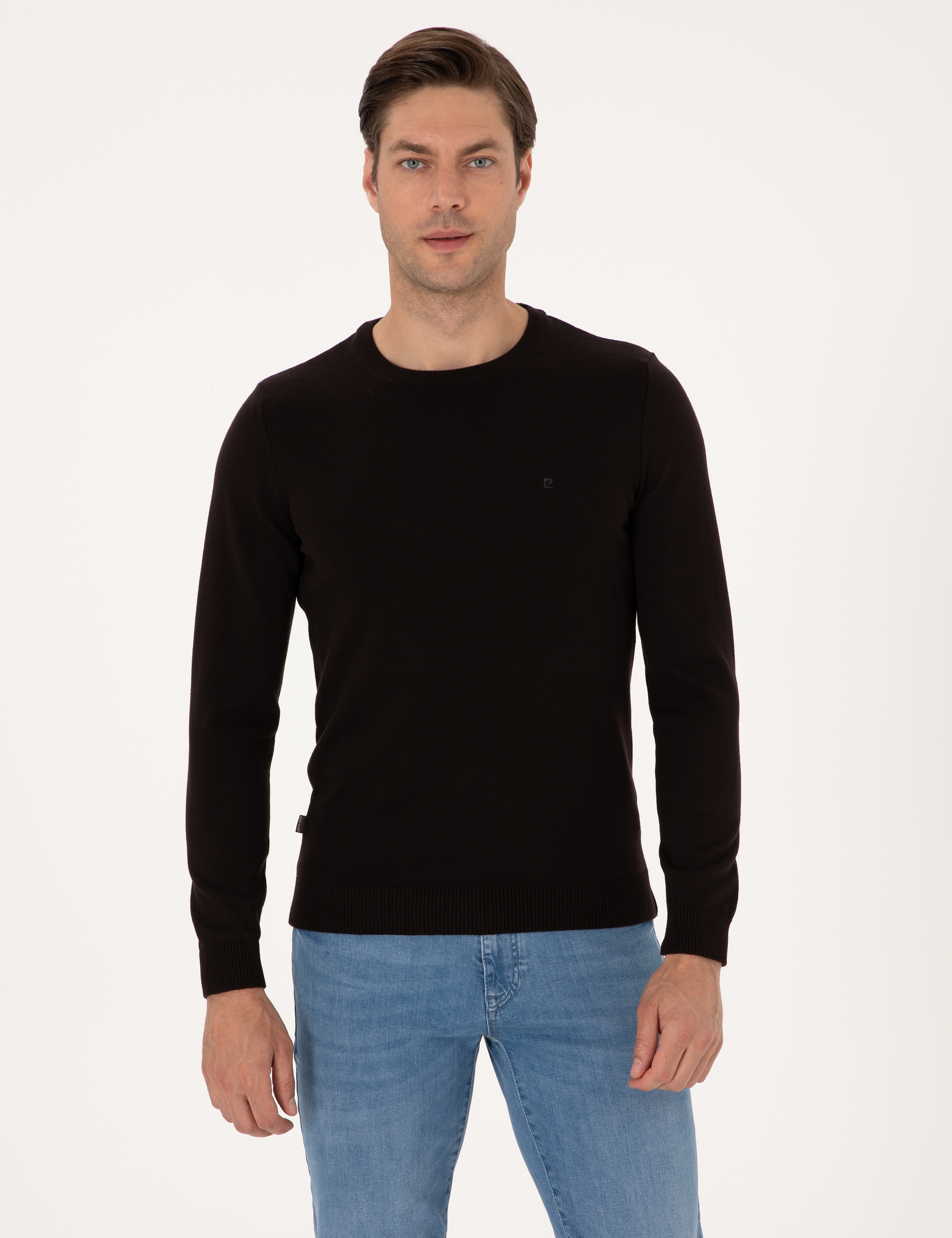 Koyu Kahverengi Slim Fit Bisiklet Yaka Basic Triko Kazak - Image 1
