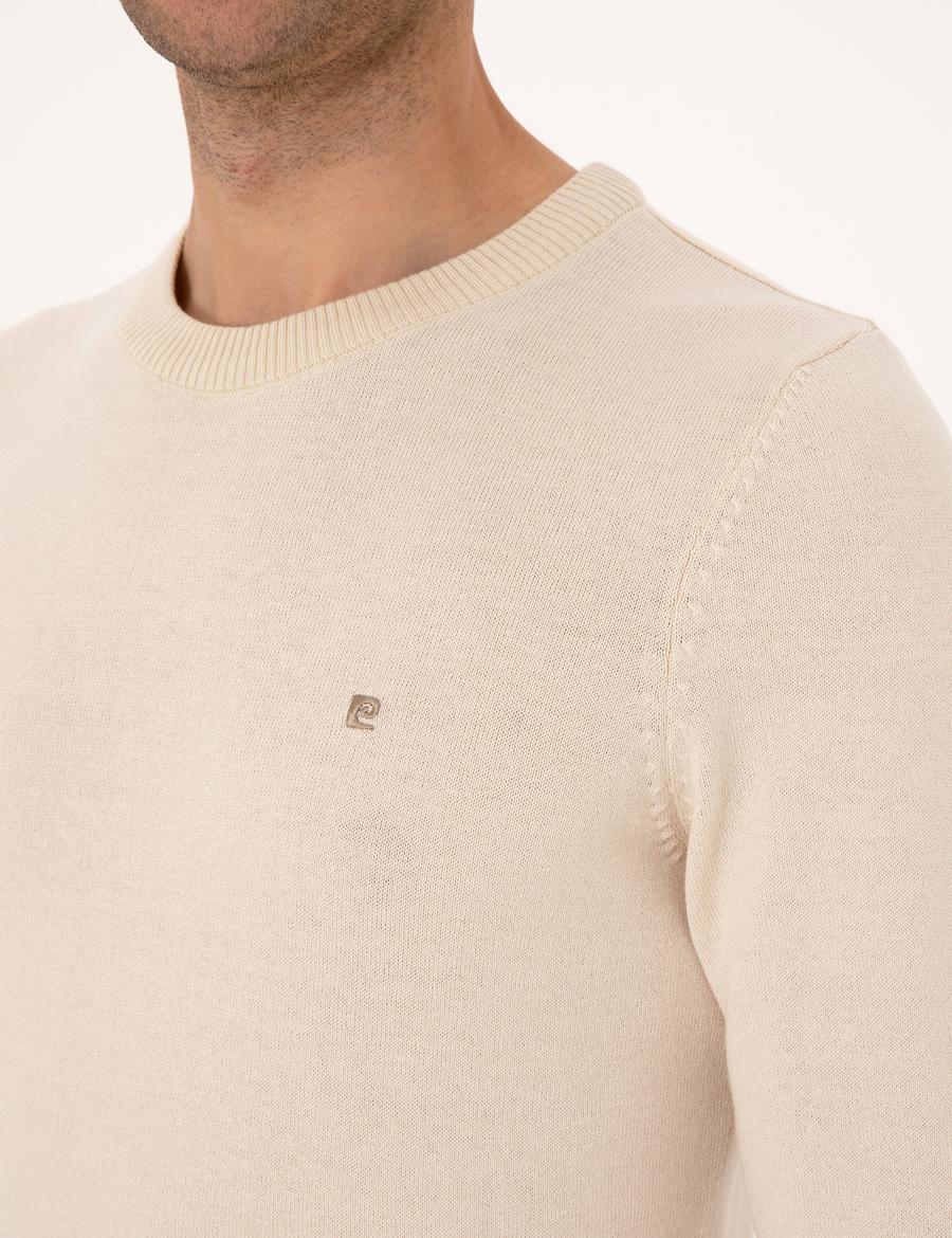 Bej Slim Fit Bisiklet Yaka Basic Triko Kazak