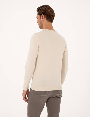 Bej Slim Fit Bisiklet Yaka Basic Triko Kazak