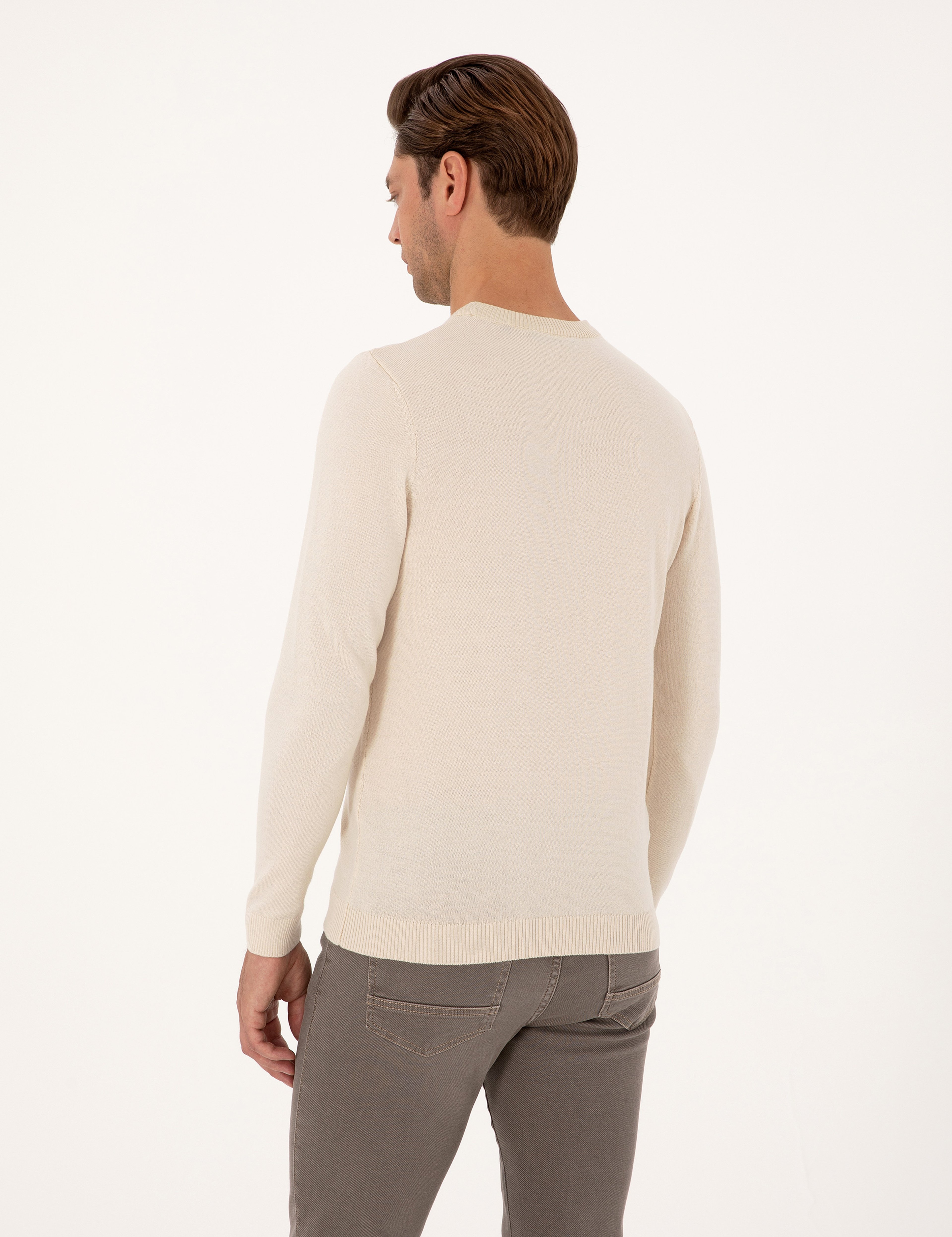 Bej Slim Fit Bisiklet Yaka Basic Triko Kazak - Image 5