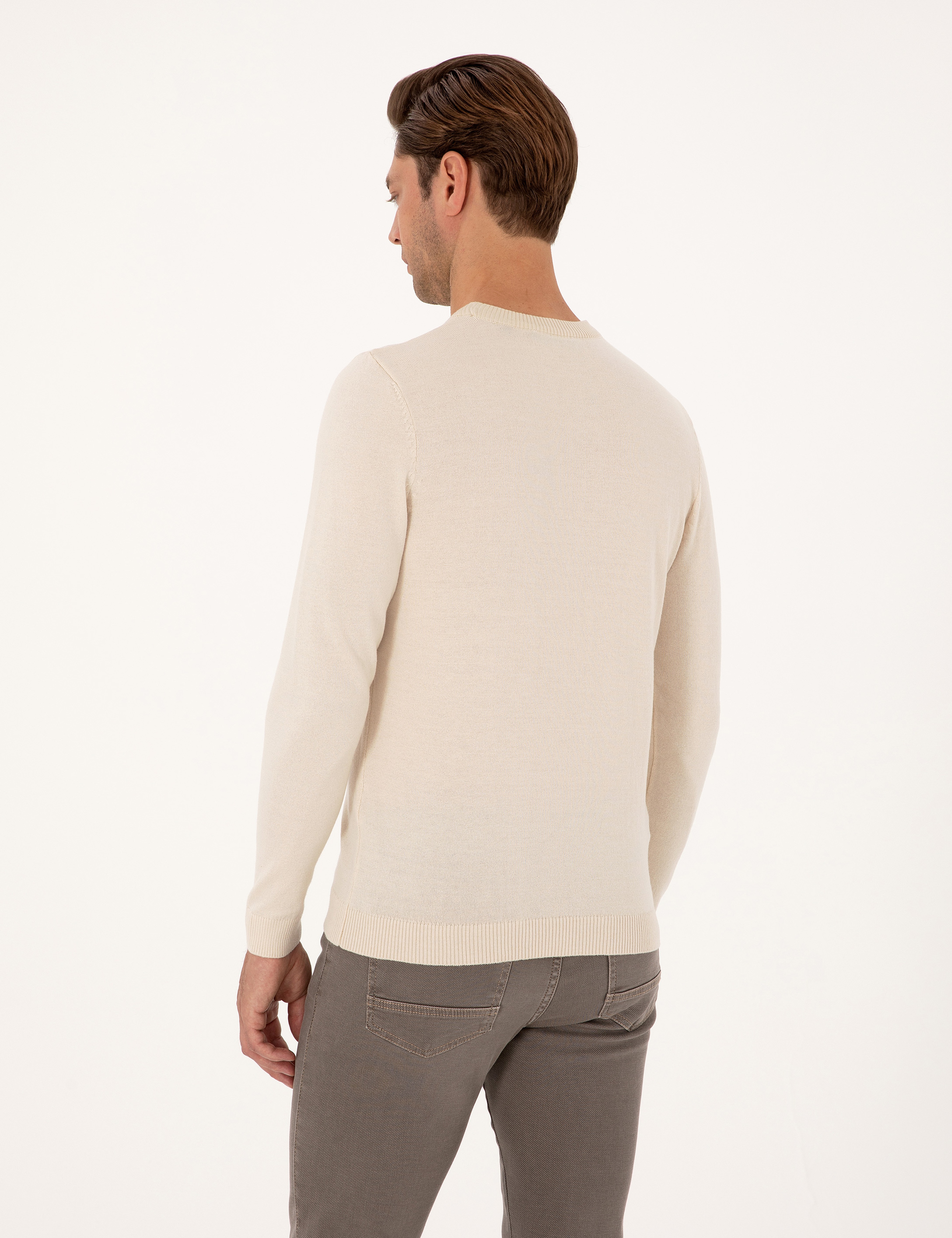 Bej Slim Fit Bisiklet Yaka Basic Triko Kazak