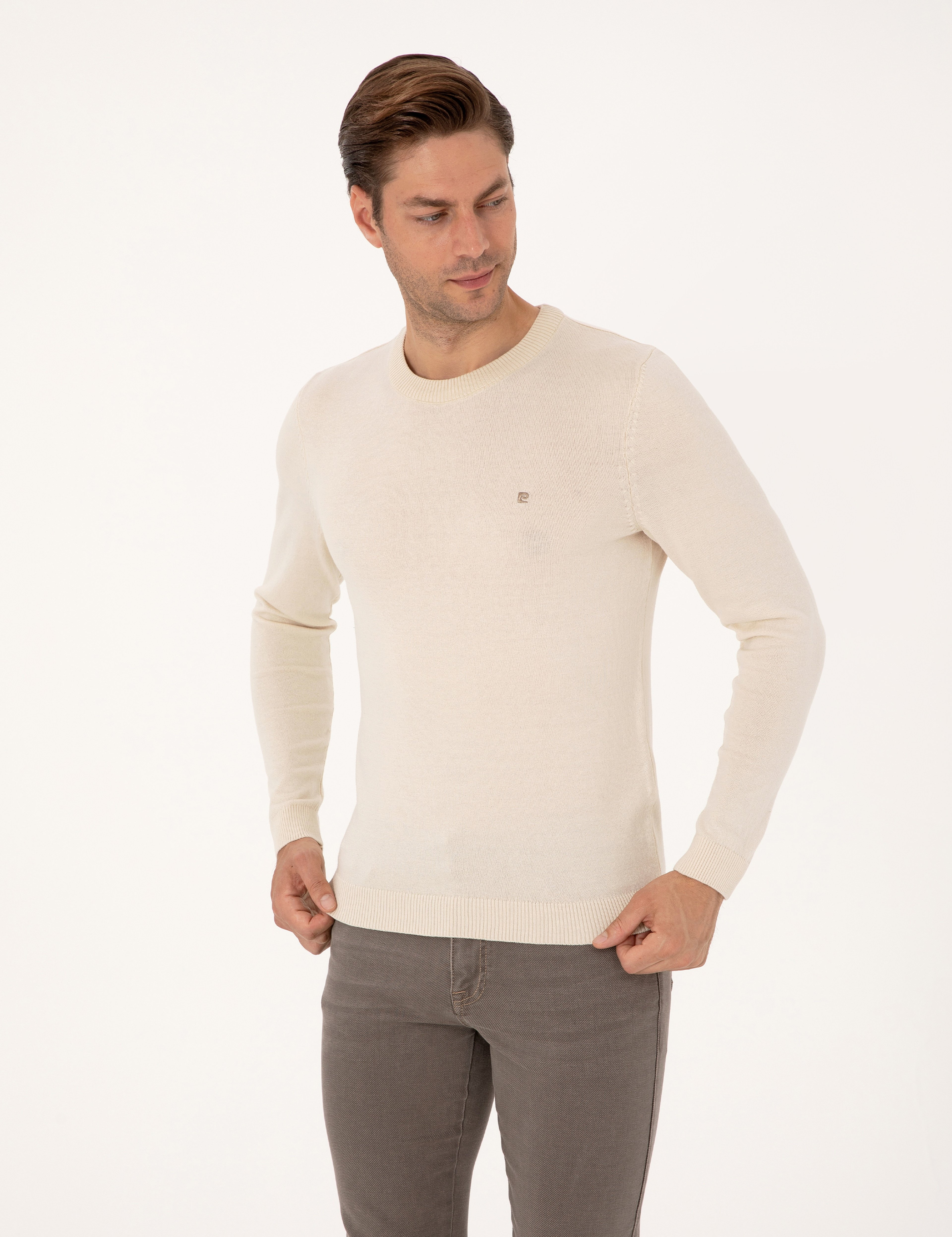 Bej Slim Fit Bisiklet Yaka Basic Triko Kazak - Image 3